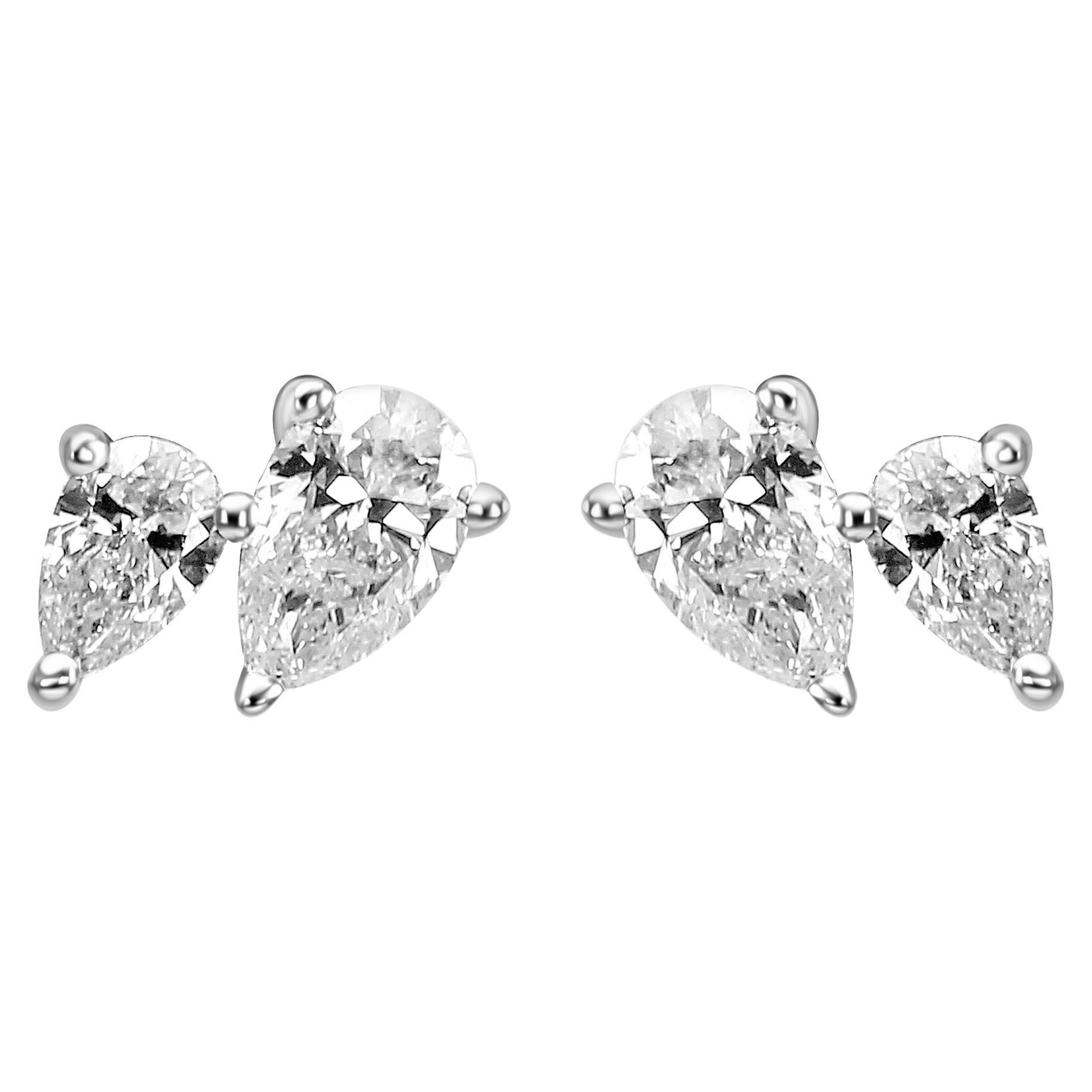 White Diamond Pear 14K White Gold Fancy Fashion Toi Et Moi Stud Earring  For Sale