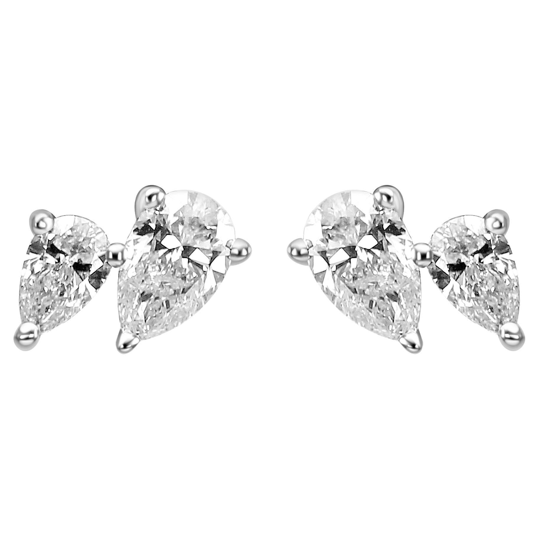White Diamond Pear 14 Karat White Gold Fancy Fashion Toi Et Moi Stud Earring For Sale