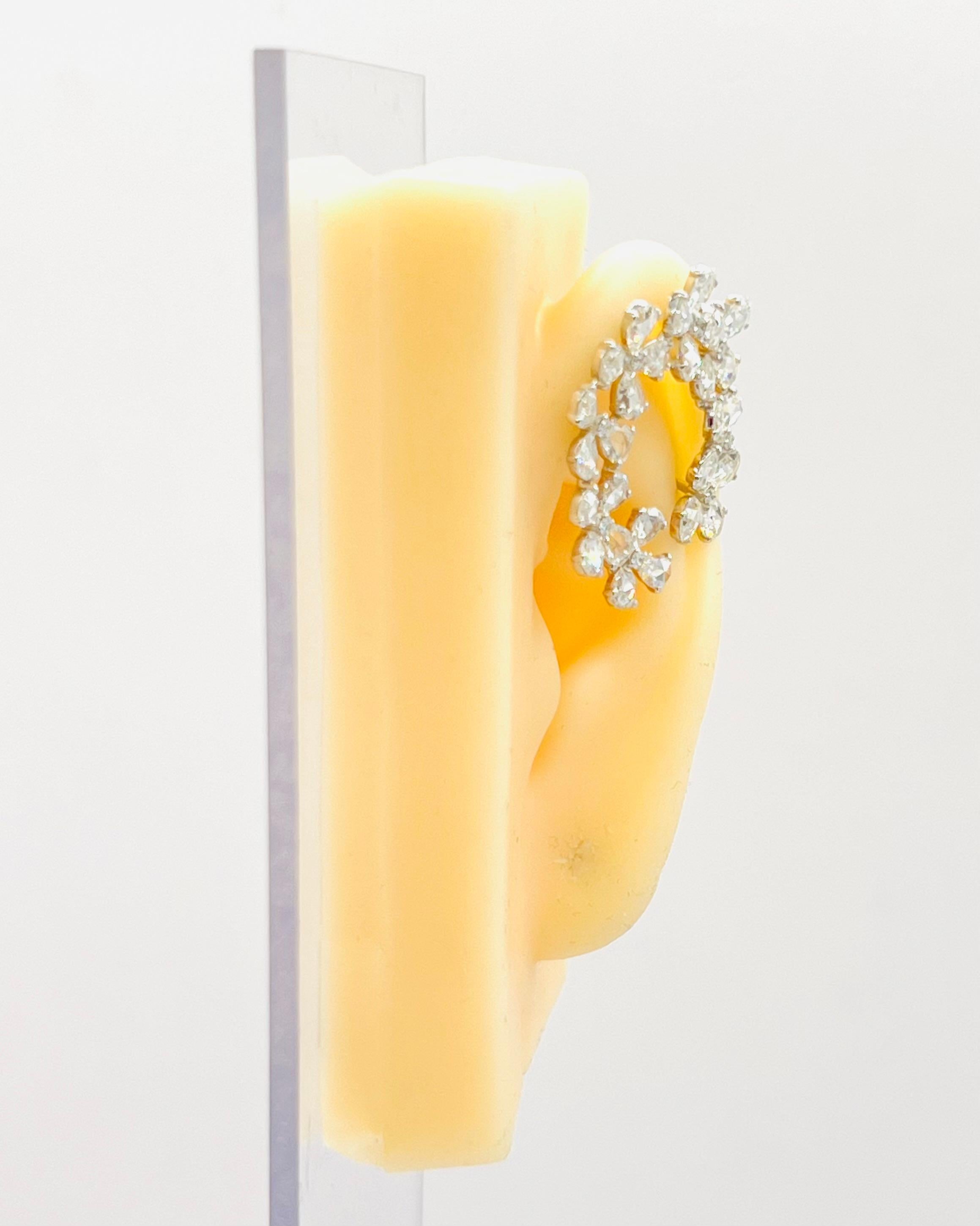 Women's or Men's White Diamond Pear and Round Rosecut Flower Cluster Earrings in 18K White Gold For Sale