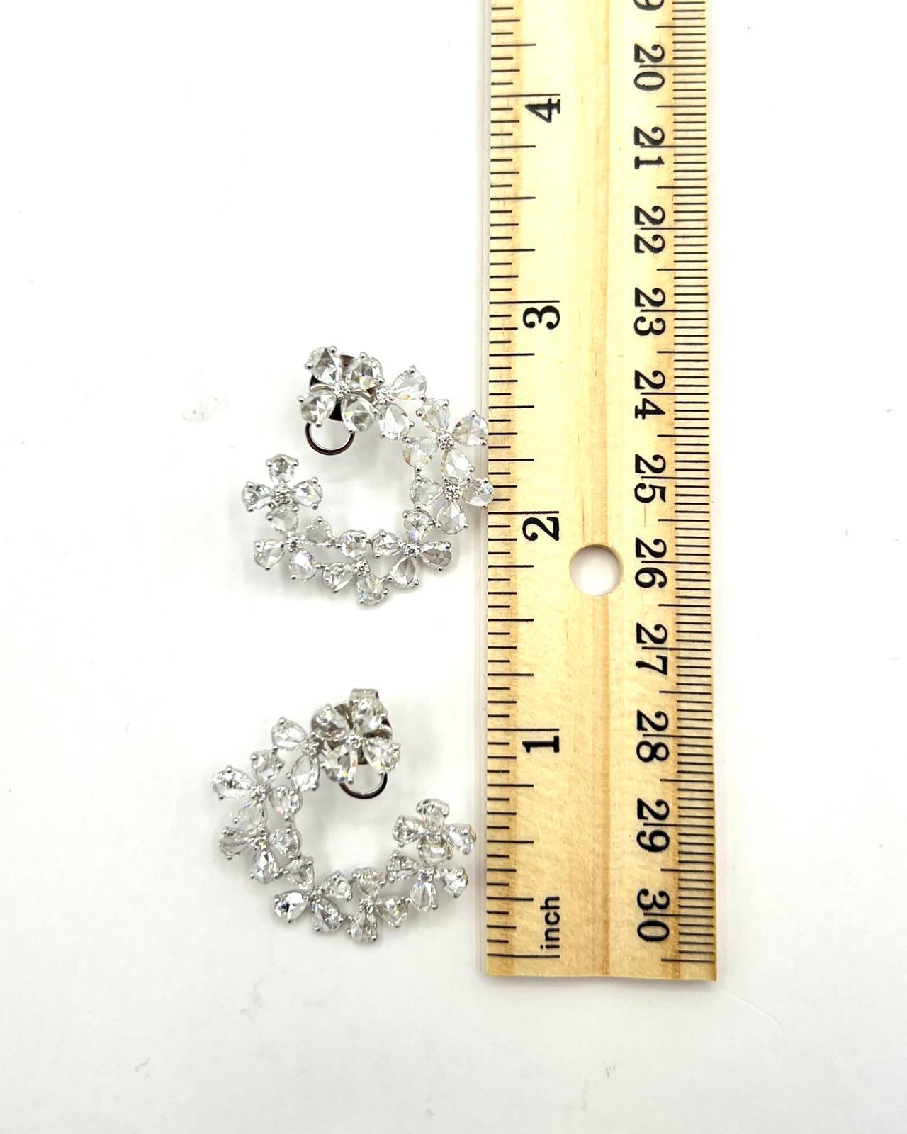 White Diamond Pear and Round Rosecut Flower Cluster Earrings in 18K White Gold For Sale 4