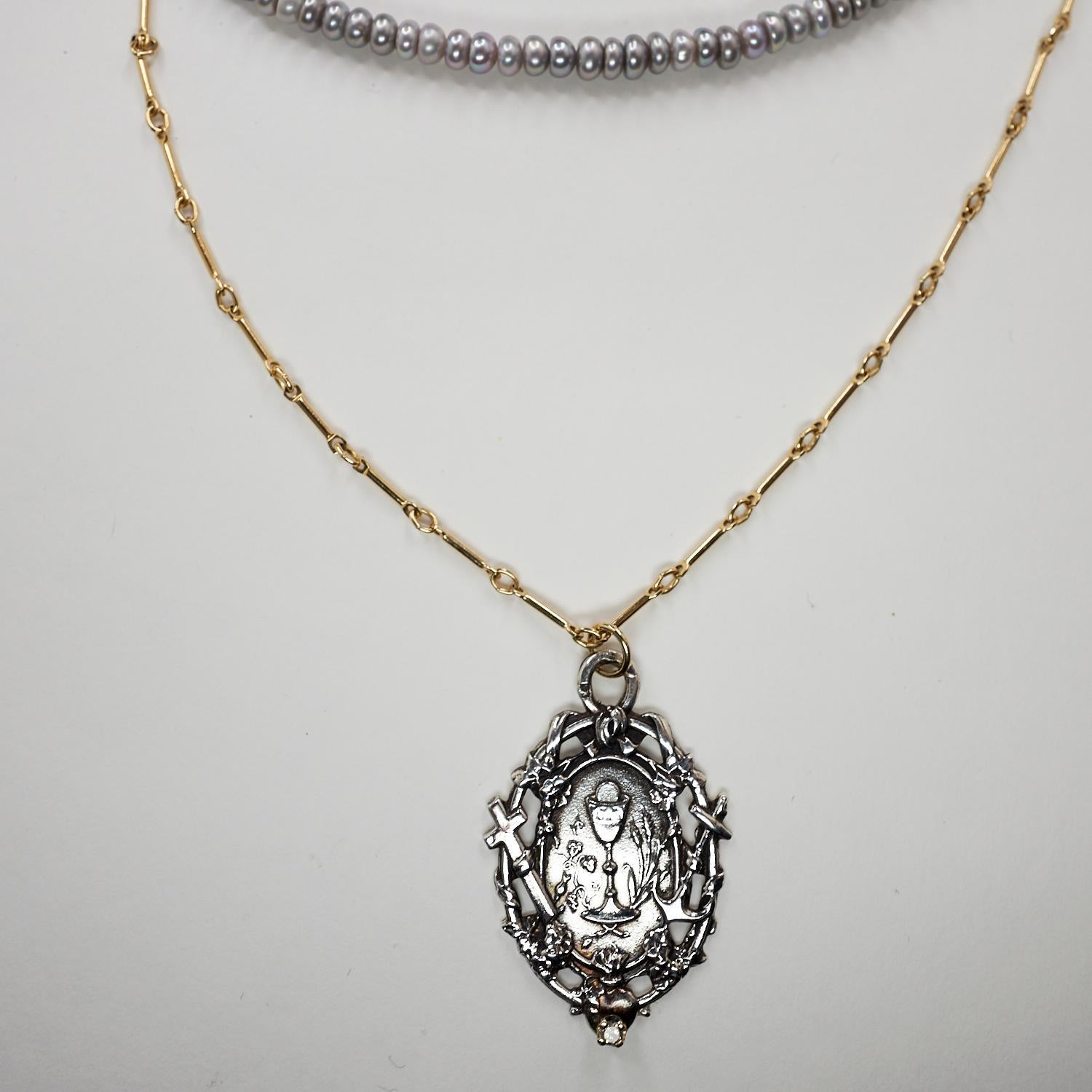 Unique White Diamond Set in Gold Prong Silver Grey Pearl Turquoise Bead Choker Long Gold Filled Chain  Necklace with Medal Pendant in Silver Faith Hope Love J Dauphin, One of a kind,  16