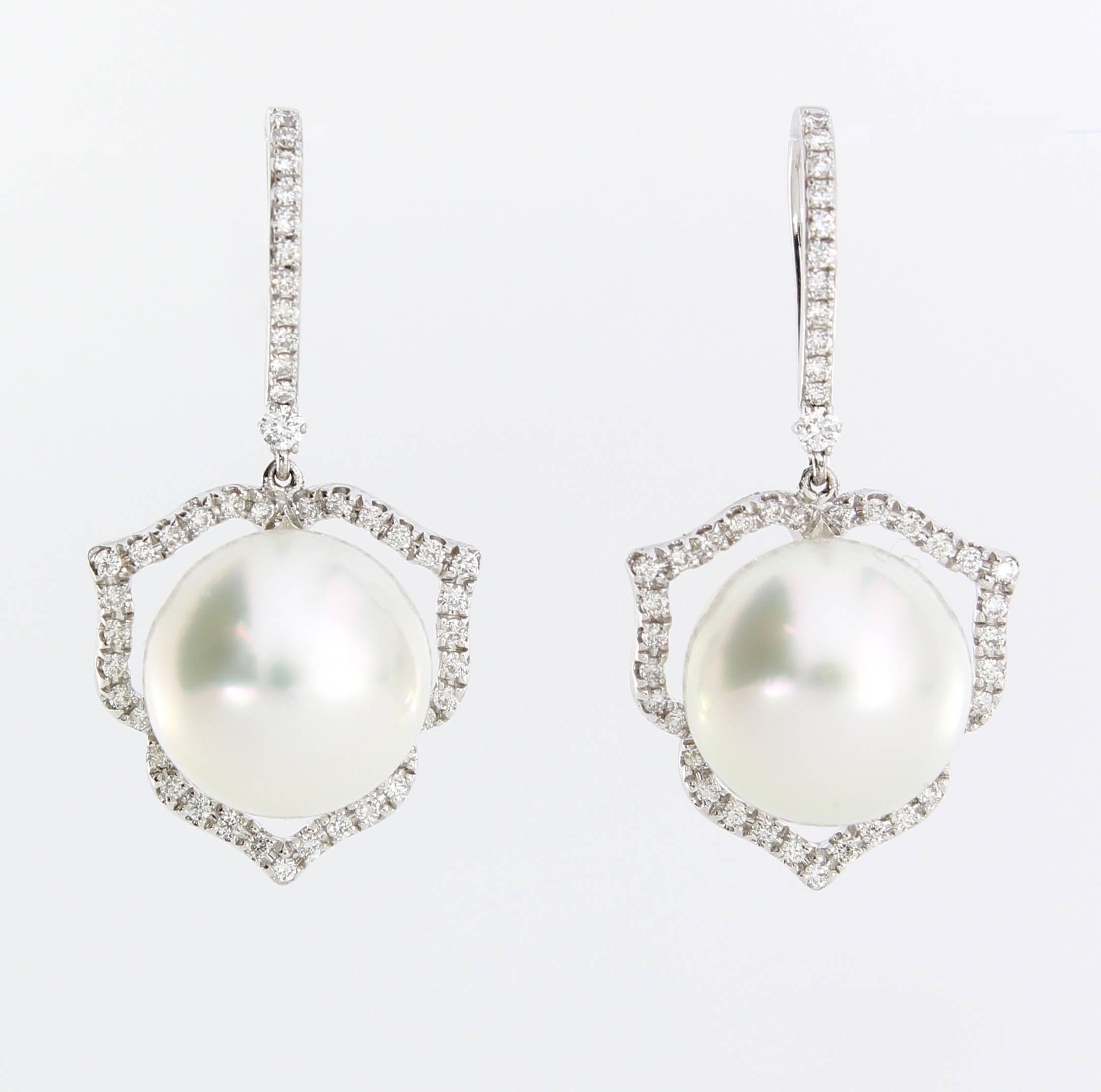 The 3 Point Earrings are from the AUTORE Timeless Collection. 
This piece is crafted in 18k White Gold with White Diamonds (H SL1 0.55ct Round Brilliant) and 12mm White High Button South Sea Pearls. 