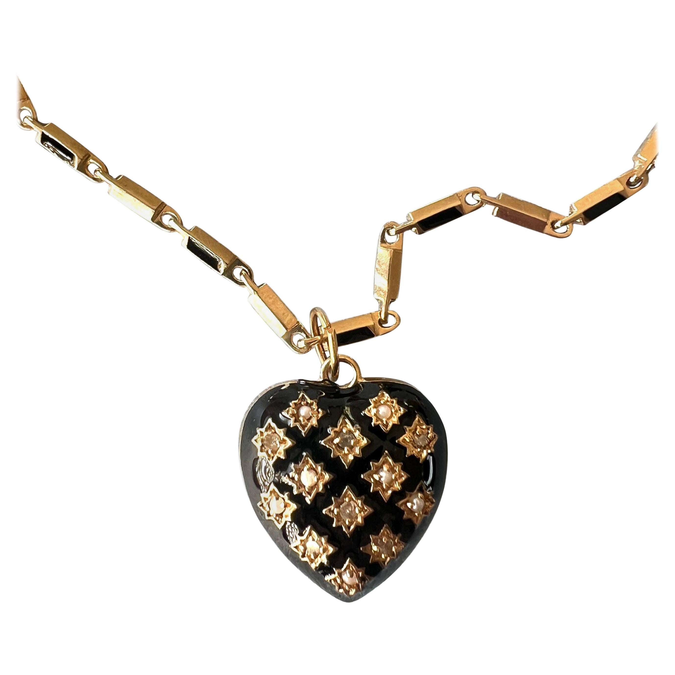 Heart Necklace White Diamond Pearl Black Enamel Gold Puffy