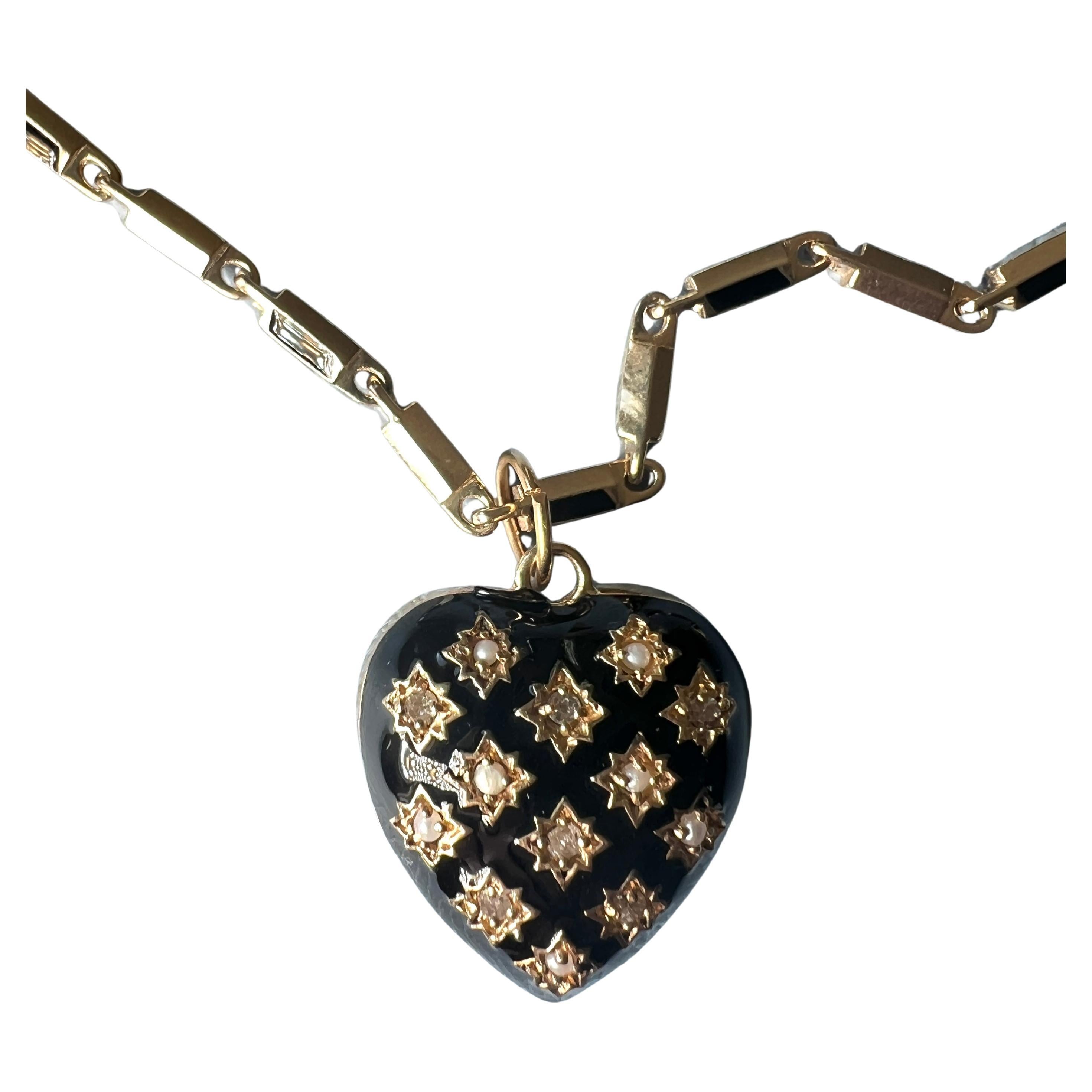 White Diamond Pearl Heart Necklace Black Enamel Victorian Style For Sale