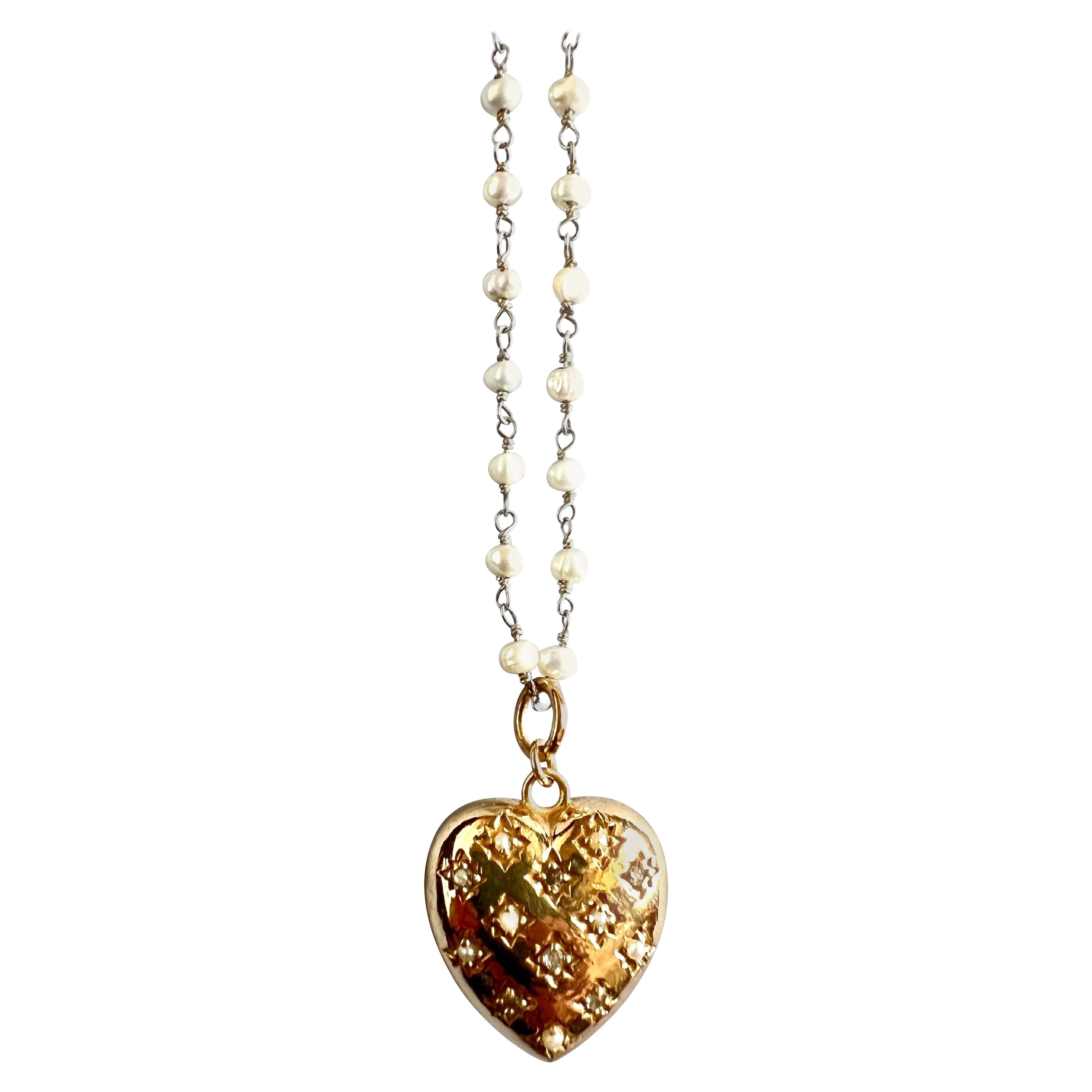 Herz-Halskette mit weißem Diamanten und Perle, vergoldeter Anhänger, Rosenkranzkette, J Dauphin im Angebot