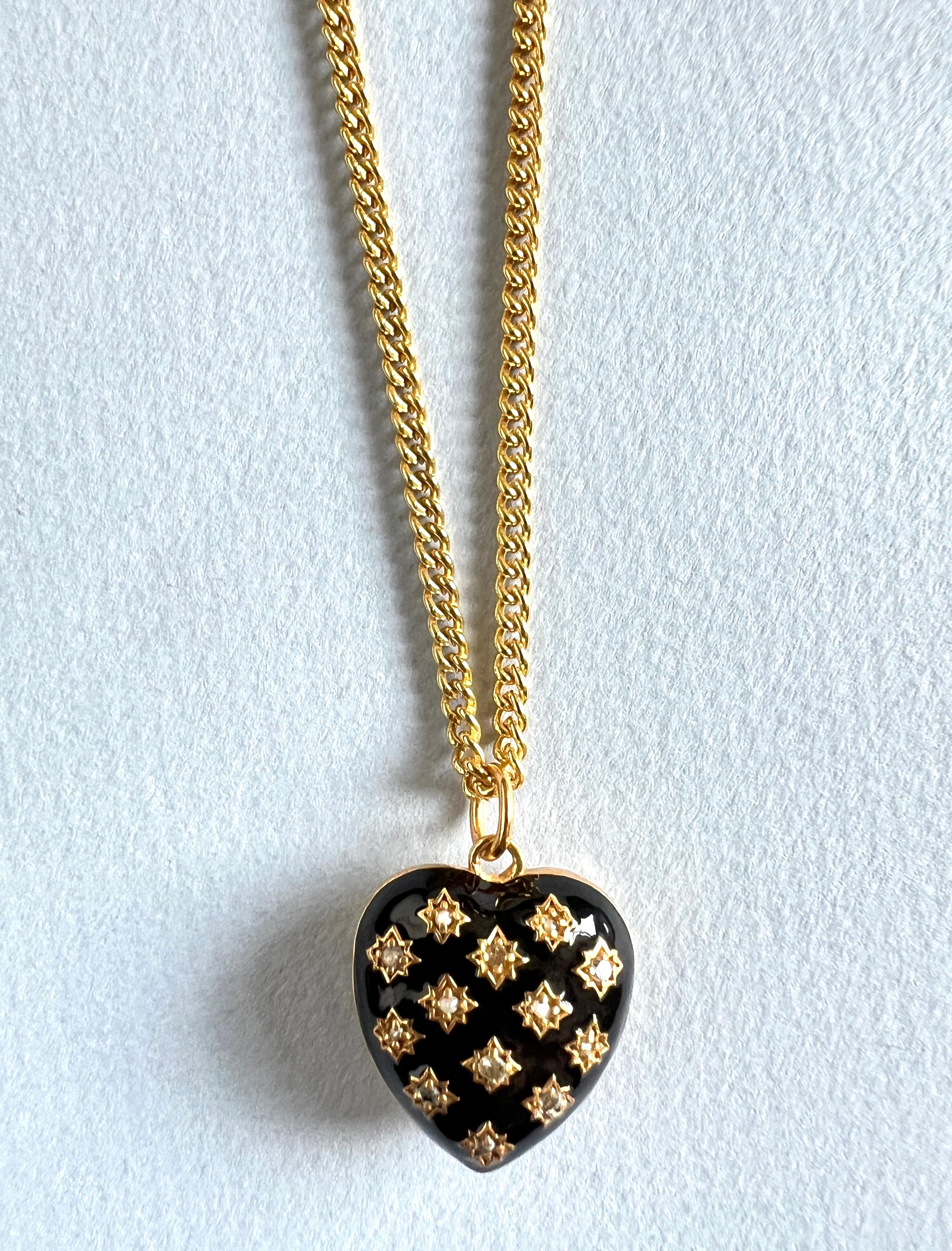 Heart Necklace White Diamond Pearl Victorian Memento Mori Style Black Enamel 14