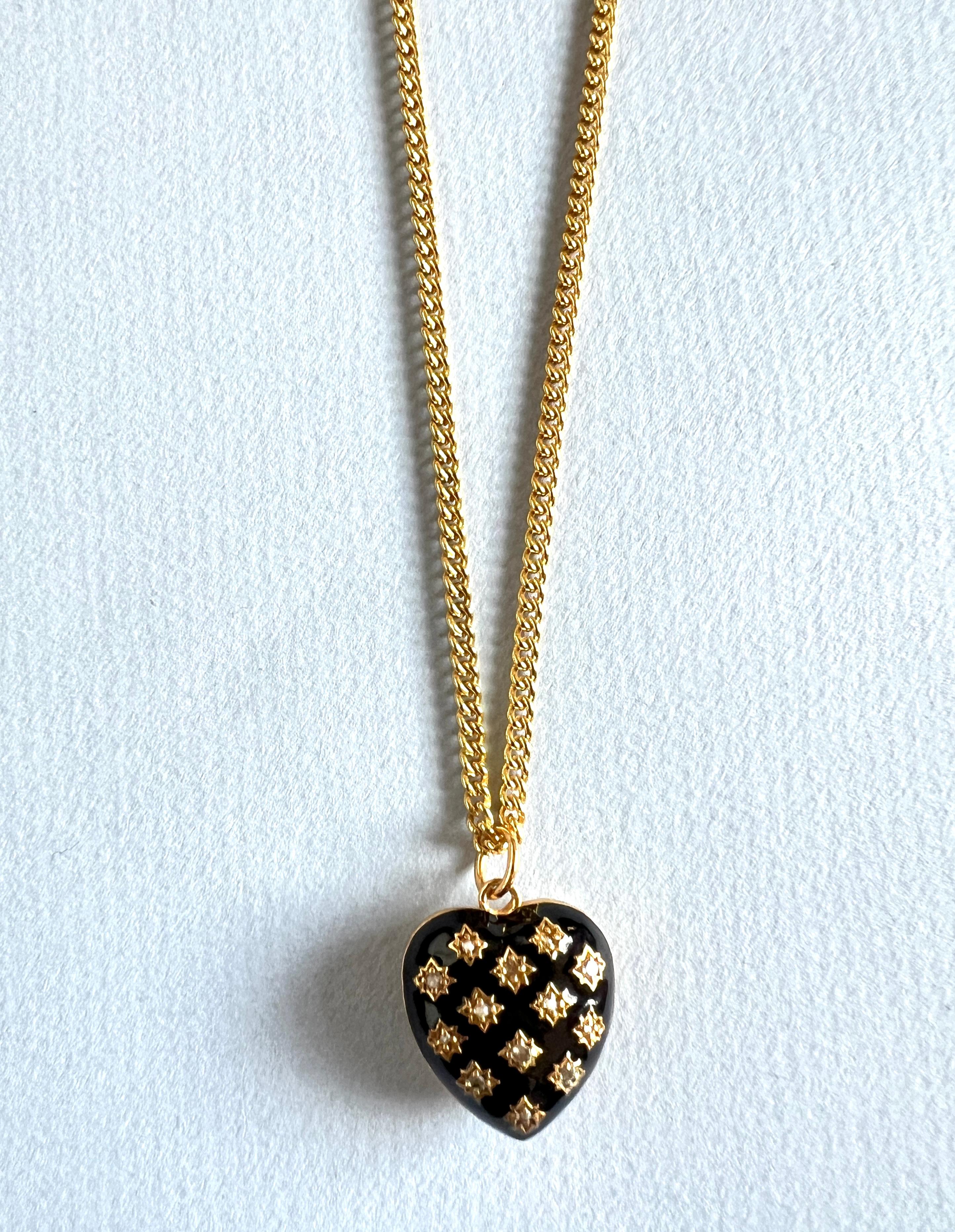 Heart Necklace White Diamond Pearl Victorian Memento Mori Style Black Enamel 15