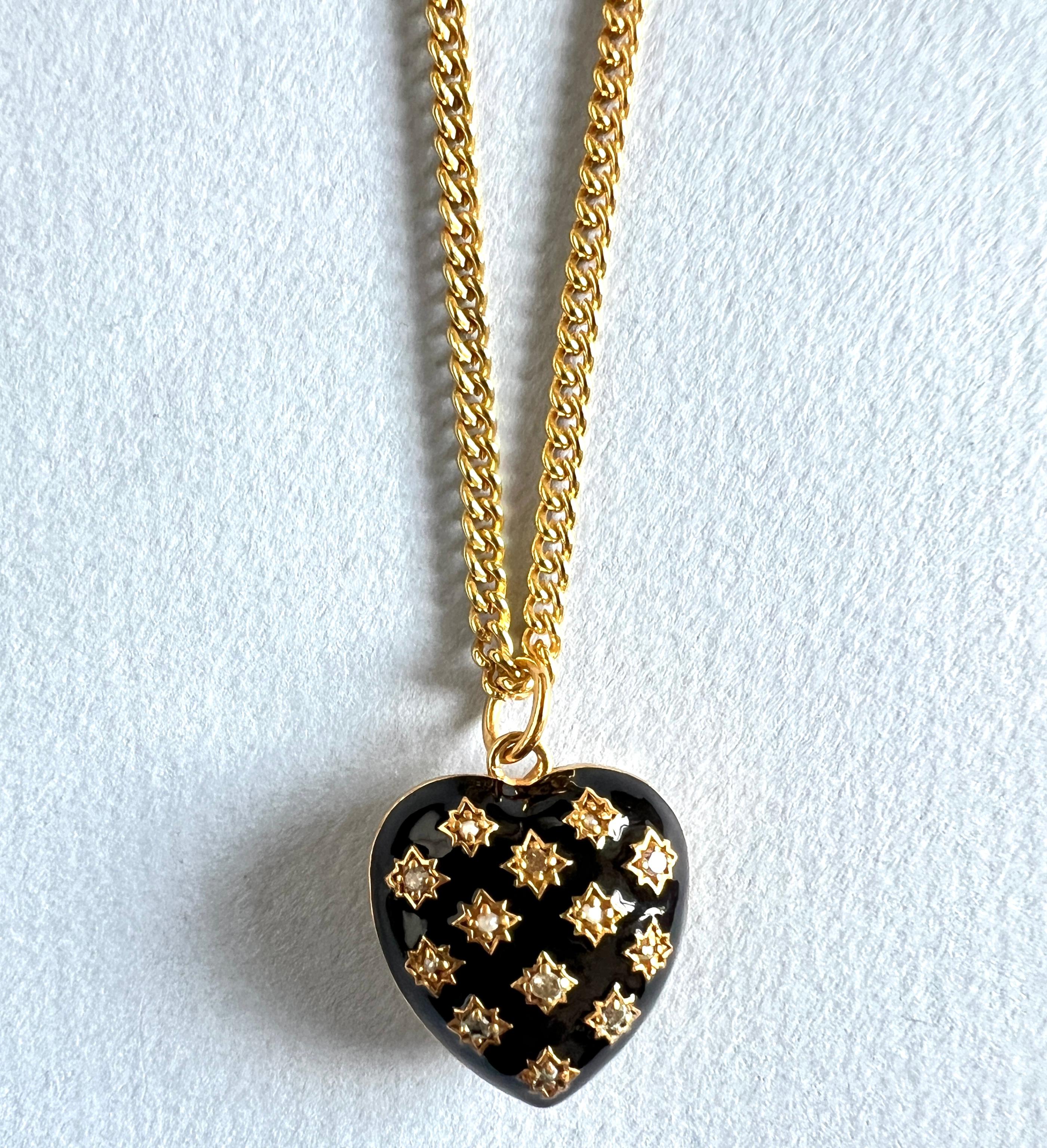Single Cut Heart Necklace White Diamond Pearl Victorian Memento Mori Style Black Enamel