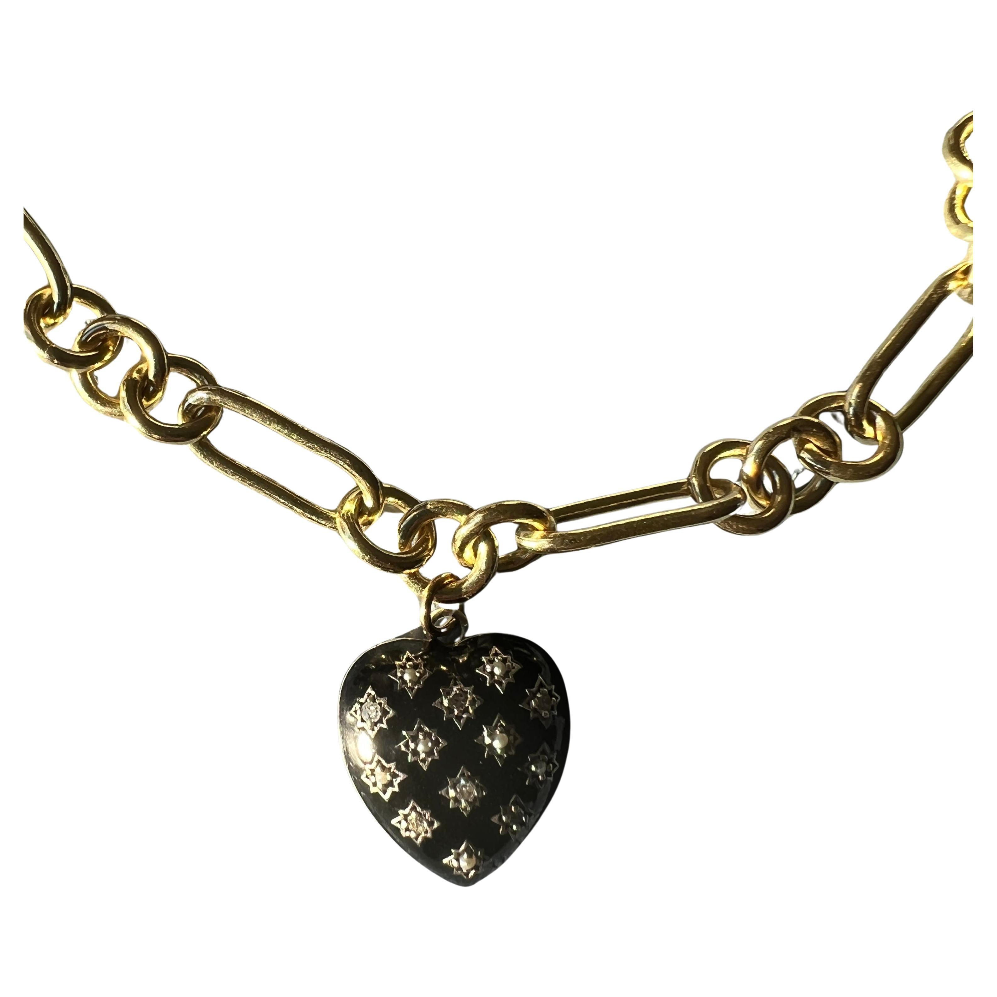 White Diamond Pearl Heart Pendant in Silver and Black Enamel, Necklace Chain Choker in 14 K Gold Plate Victorian Style 

Length: Long 18