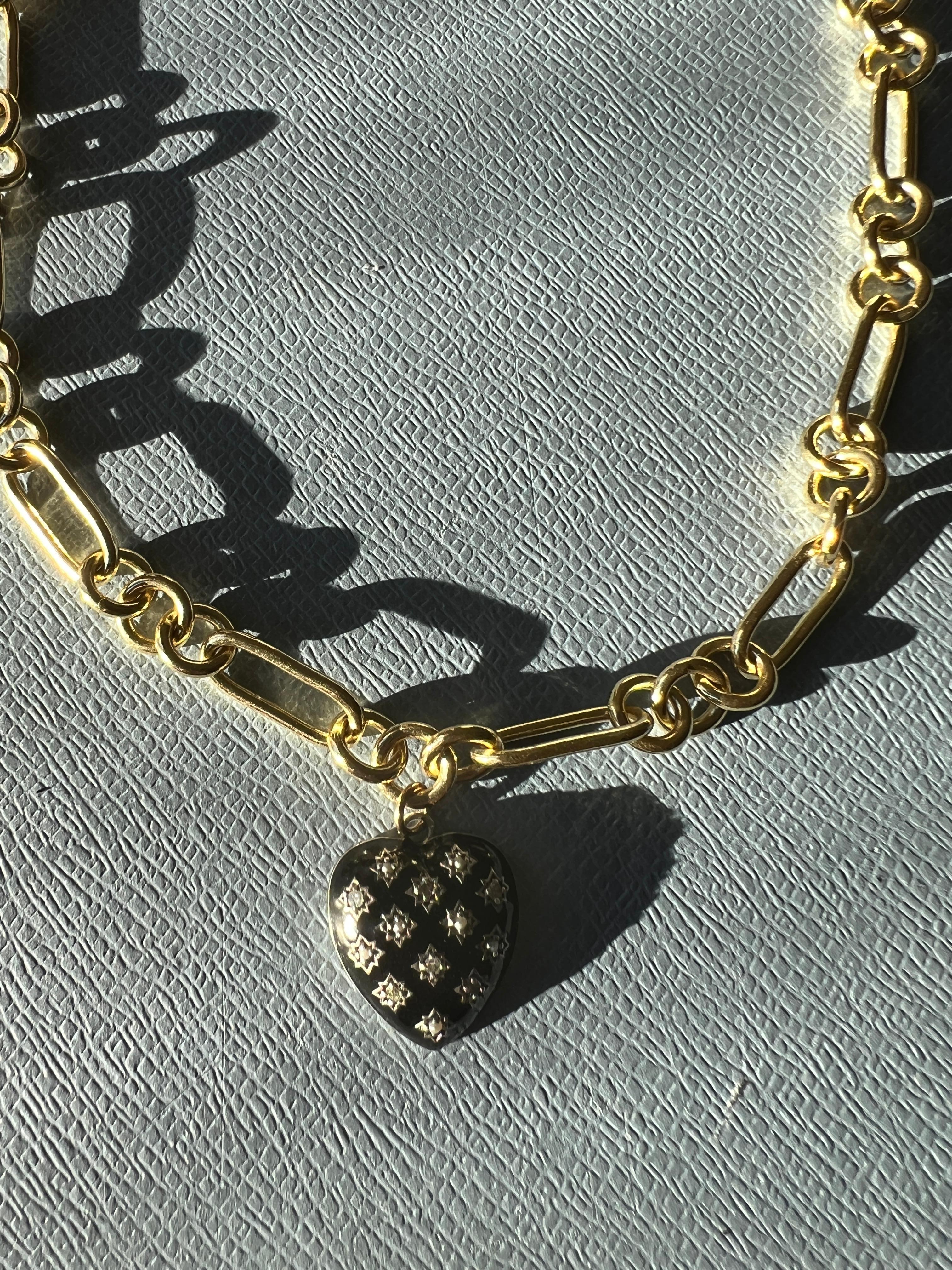Contemporary White Diamond Heart Pendant Necklace Black Enamel Victorian Style For Sale