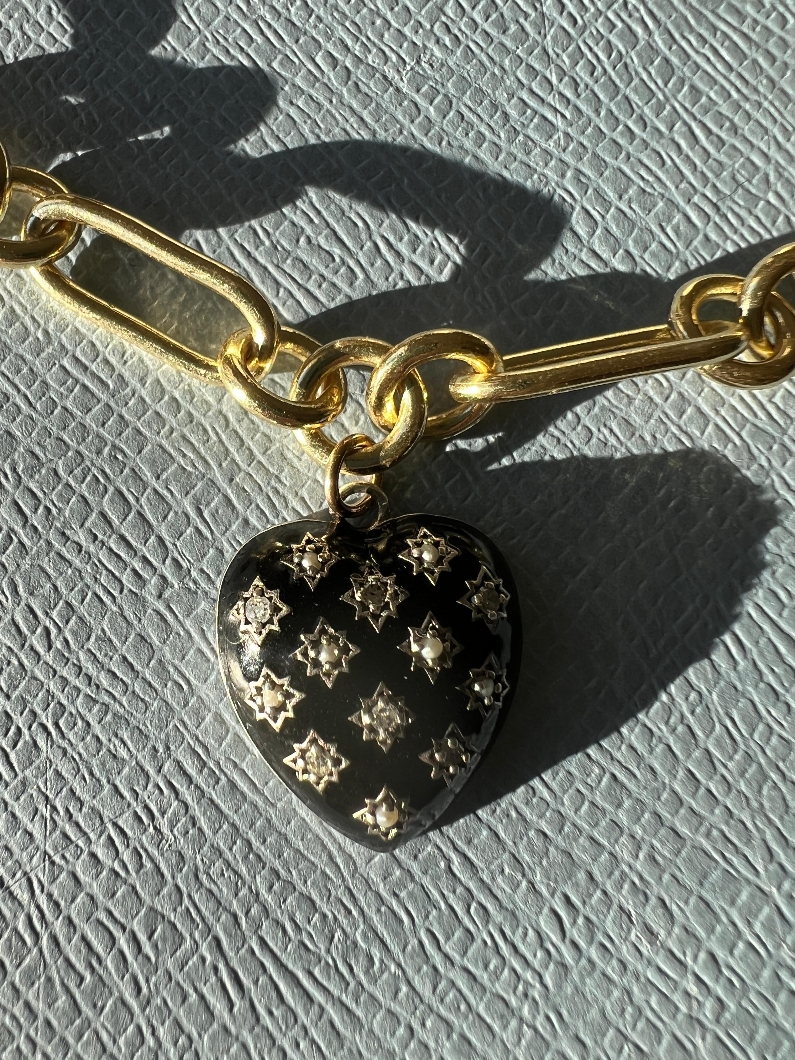 White Diamond Heart Pendant Necklace Black Enamel Victorian Style In New Condition For Sale In Los Angeles, CA