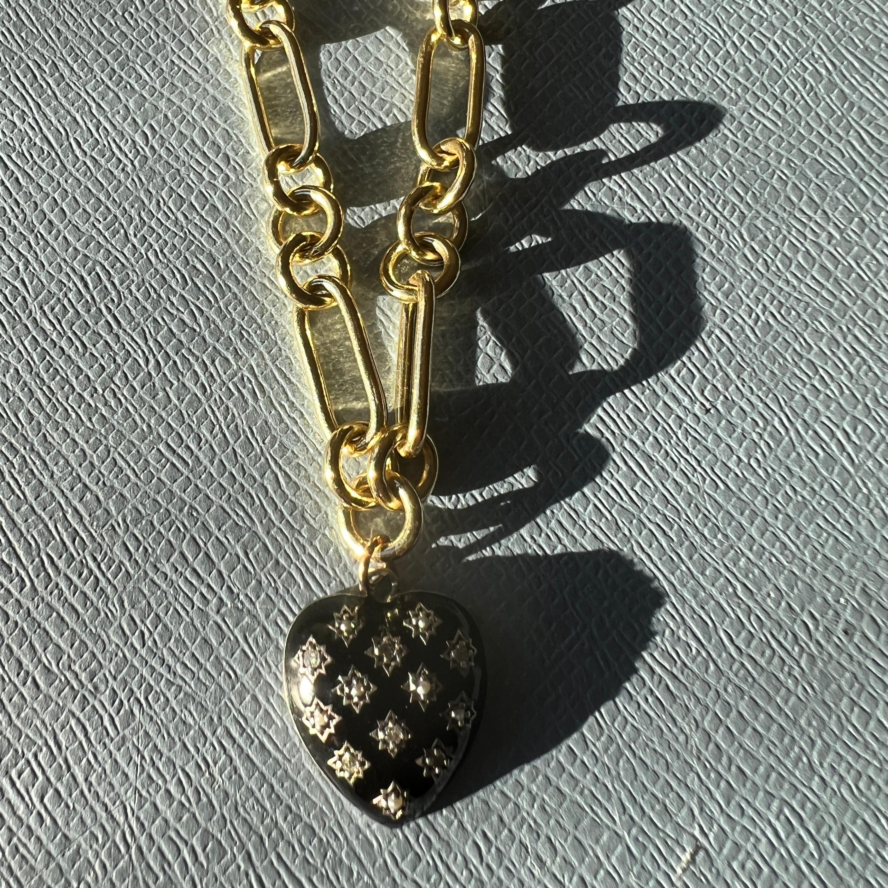 Women's White Diamond Heart Pendant Necklace Black Enamel Victorian Style For Sale