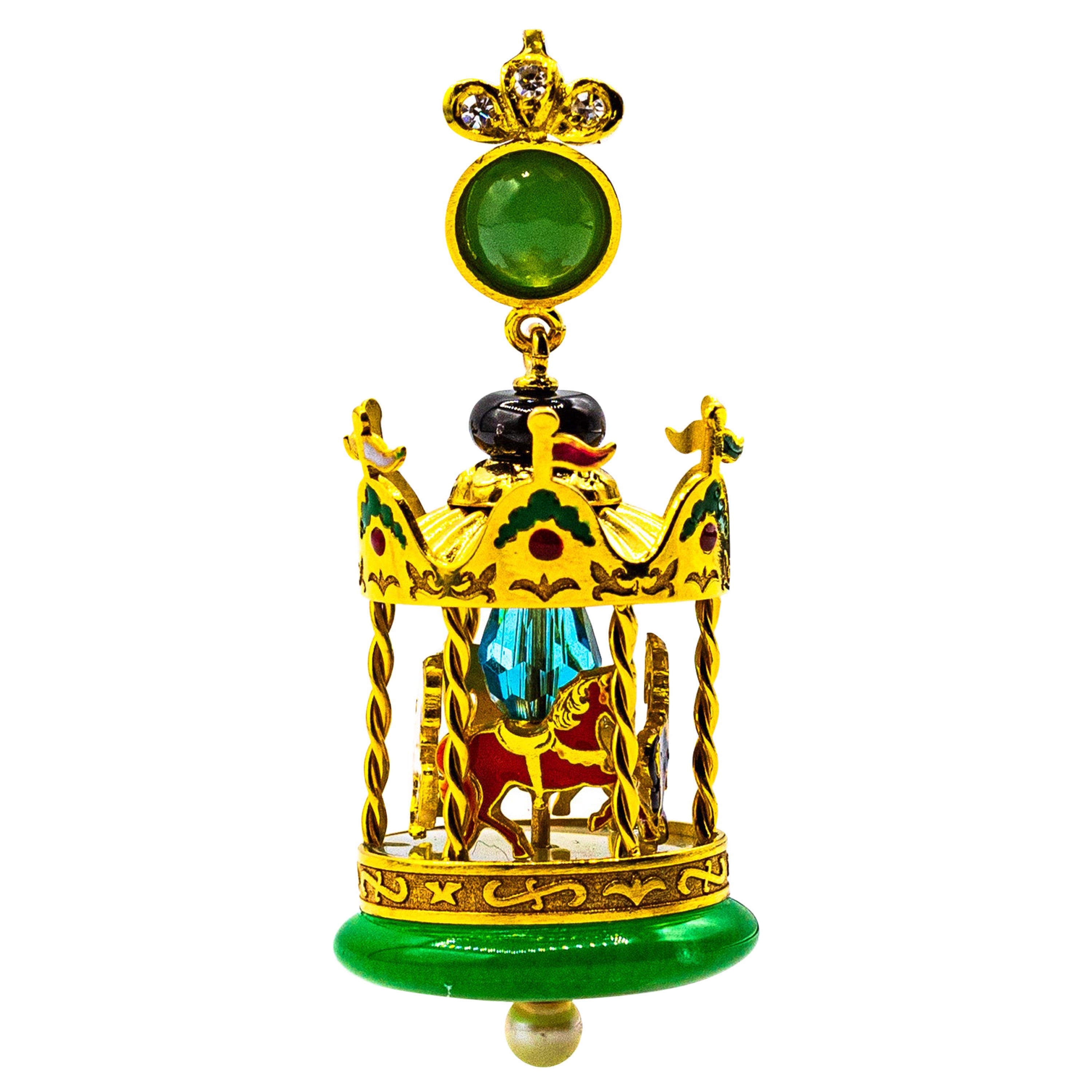 White Diamond Pearl Jade Onyx Enamel Turquoise Yellow Gold "Carousel" Pendant