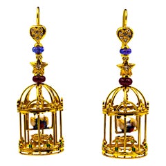 White Diamond Pearl Ruby Tanzanite Tsavorite Yellow Gold "Birdcage" Earrings