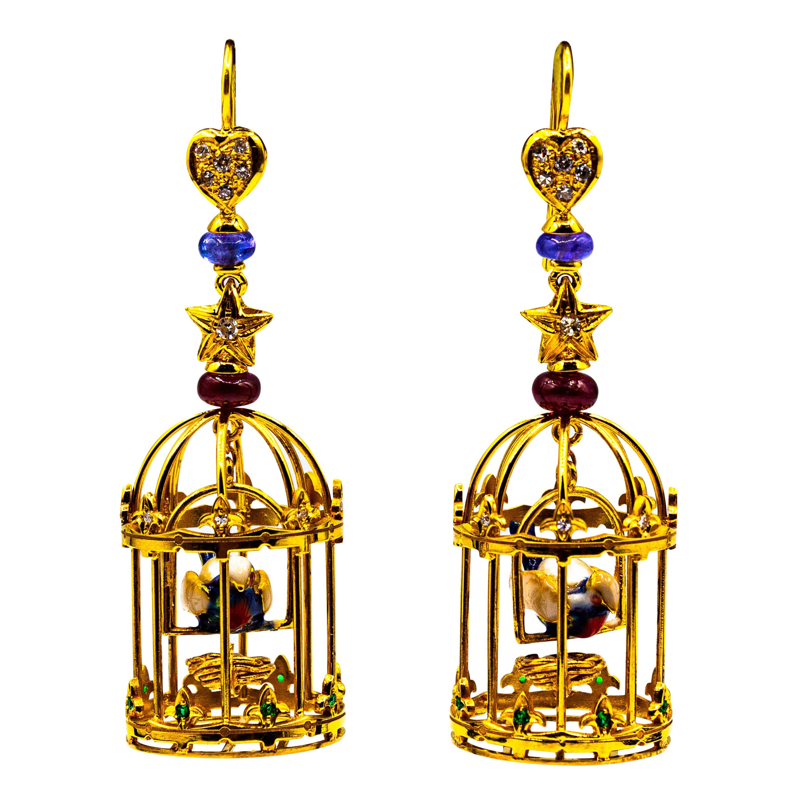 Weißer Diamant Perle Rubin Tansanit Tsavorit Gelbgold "Vogelkäfig"-Ohrringe im Angebot