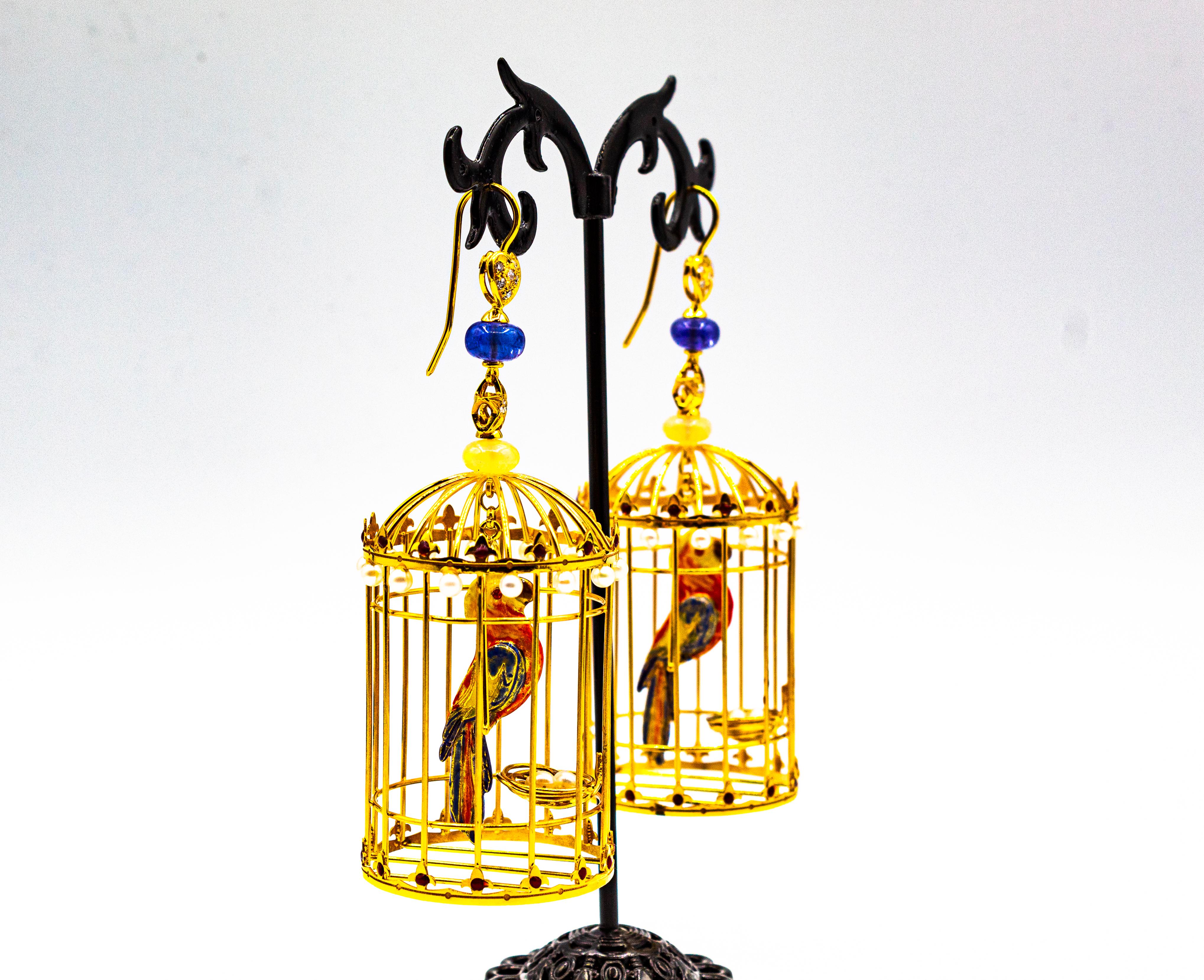 Ohrringe „Birdcage“ mit weißem Diamant, Perle, Tansanit, Opal und Emaille aus Gelbgold im Angebot 4