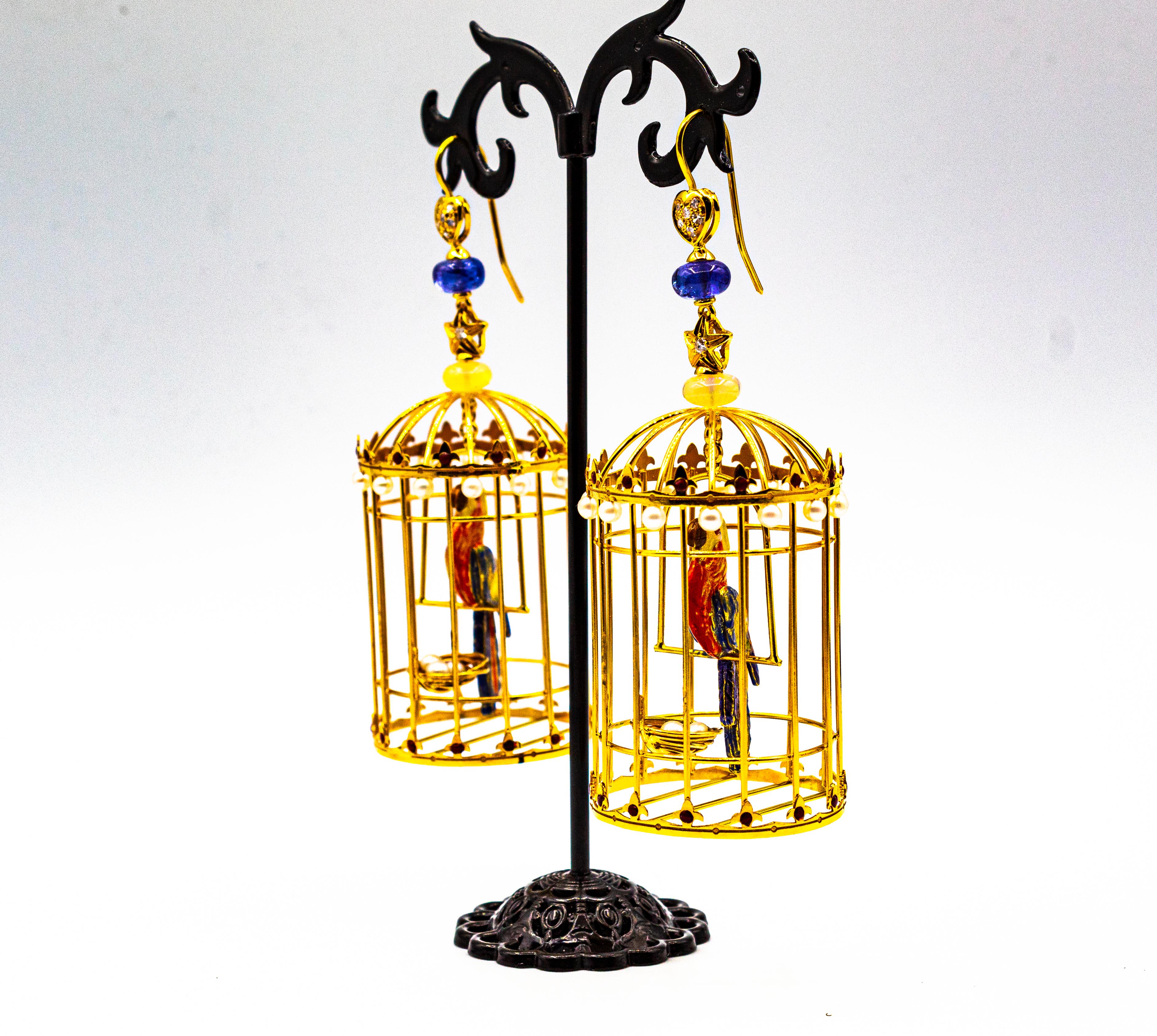 Ohrringe „Birdcage“ mit weißem Diamant, Perle, Tansanit, Opal und Emaille aus Gelbgold im Angebot 6