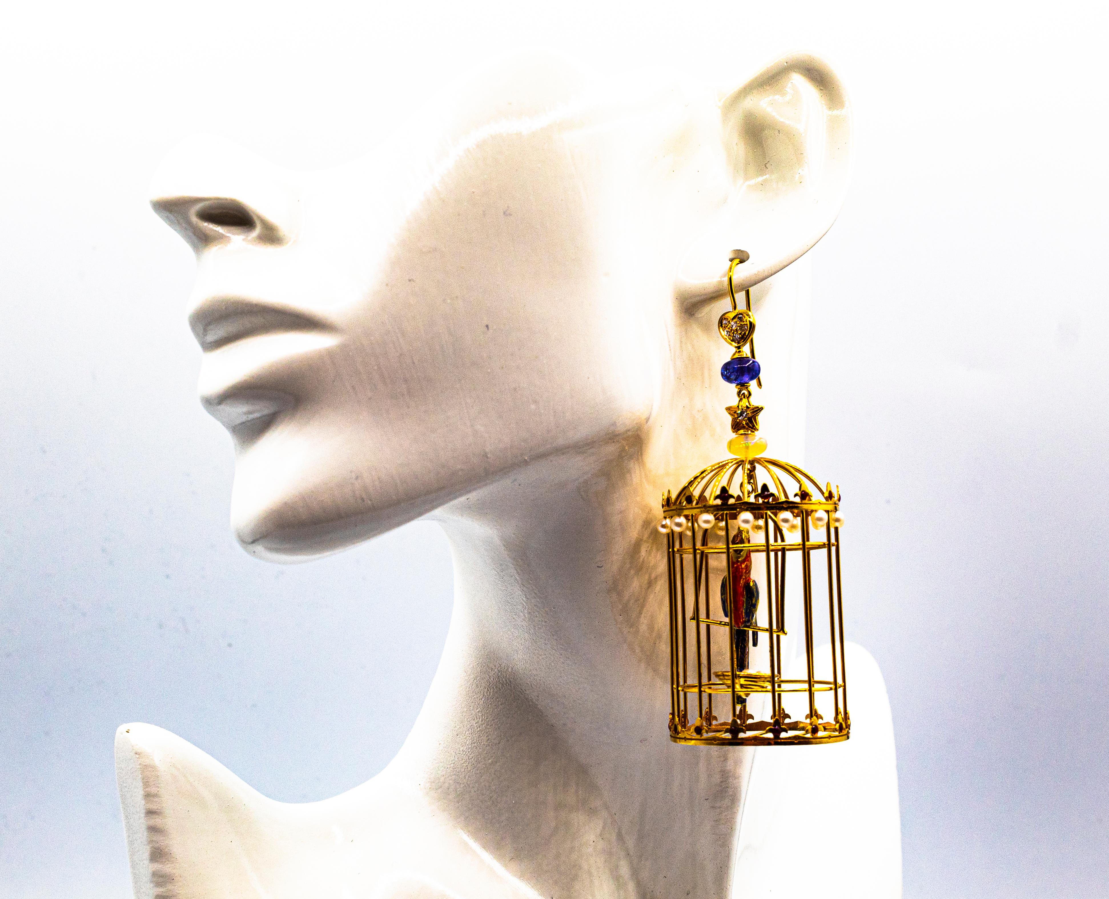 Ohrringe „Birdcage“ mit weißem Diamant, Perle, Tansanit, Opal und Emaille aus Gelbgold im Angebot 7