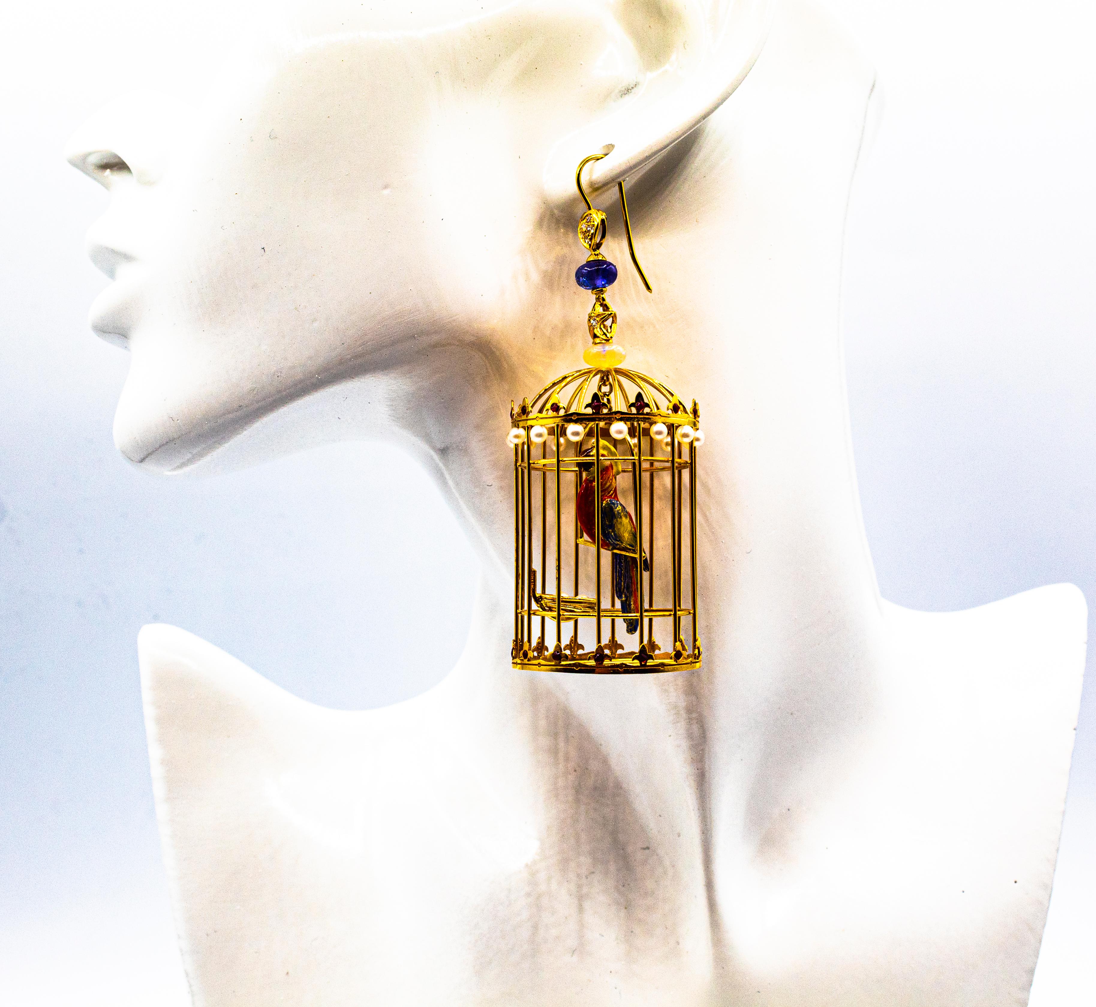 Ohrringe „Birdcage“ mit weißem Diamant, Perle, Tansanit, Opal und Emaille aus Gelbgold im Angebot 8