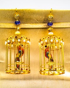 White Diamond Pearl Tanzanite Opal Enamel Yellow Gold Drop "Birdcage" Earrings