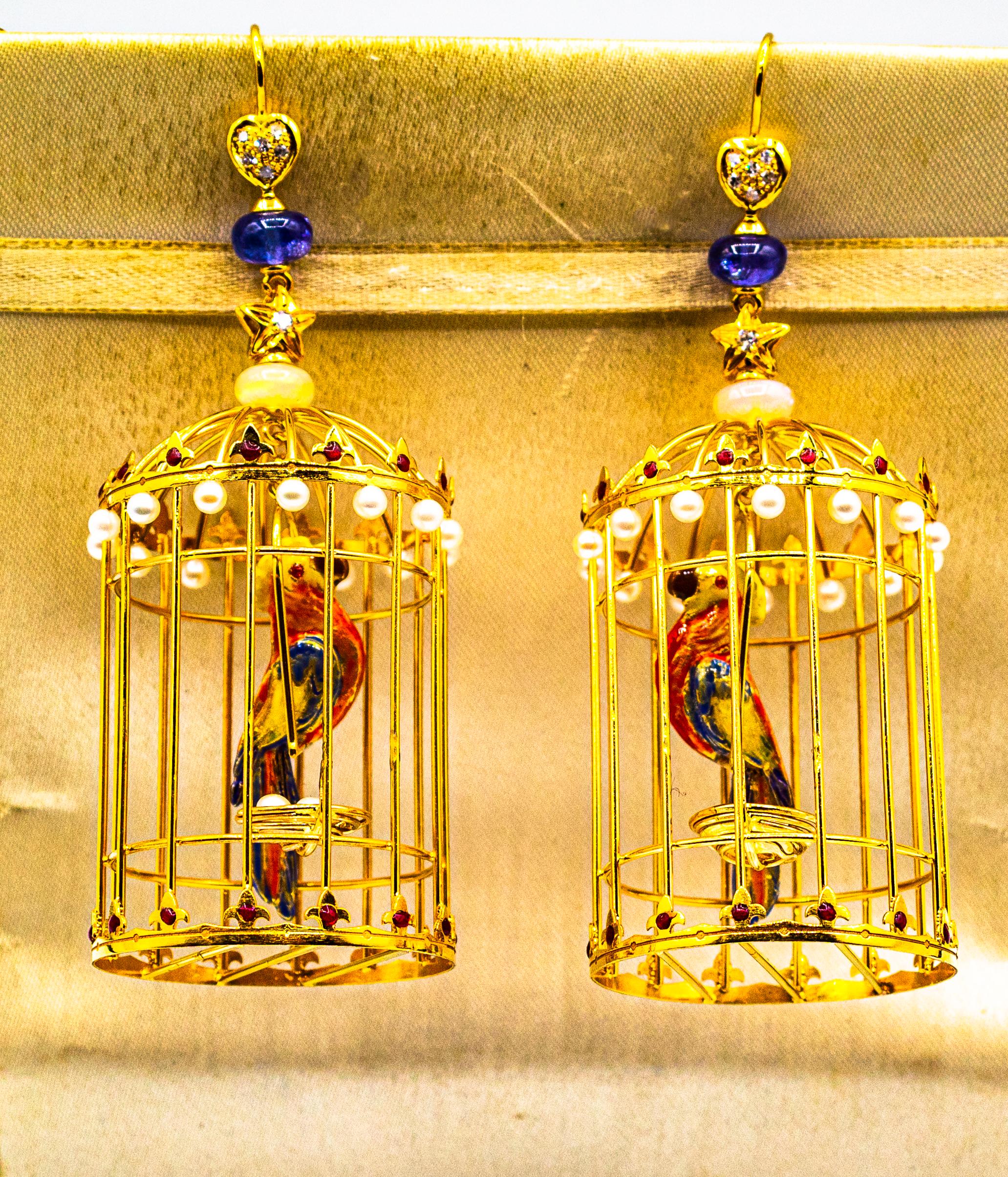 Ohrringe „Birdcage“ mit weißem Diamant, Perle, Tansanit, Opal und Emaille aus Gelbgold (Art nouveau) im Angebot