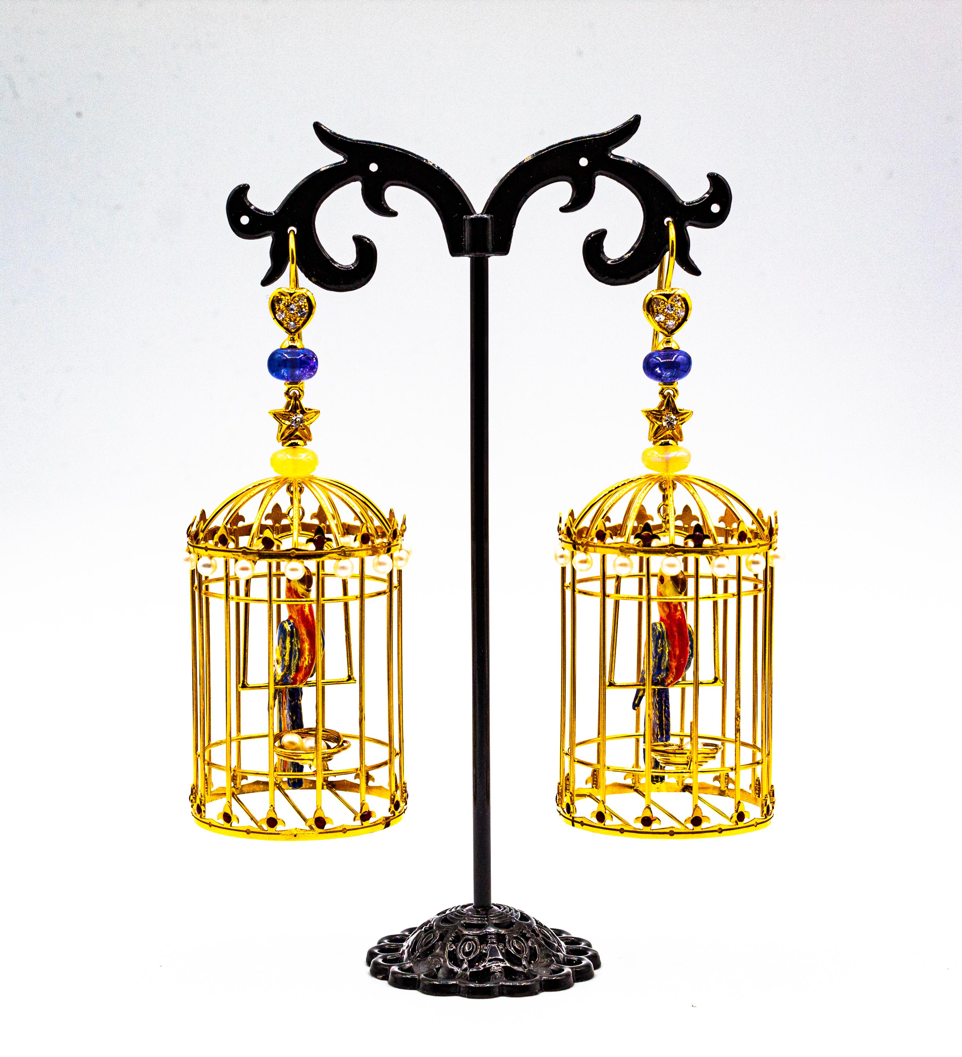 Ohrringe „Birdcage“ mit weißem Diamant, Perle, Tansanit, Opal und Emaille aus Gelbgold im Angebot 2