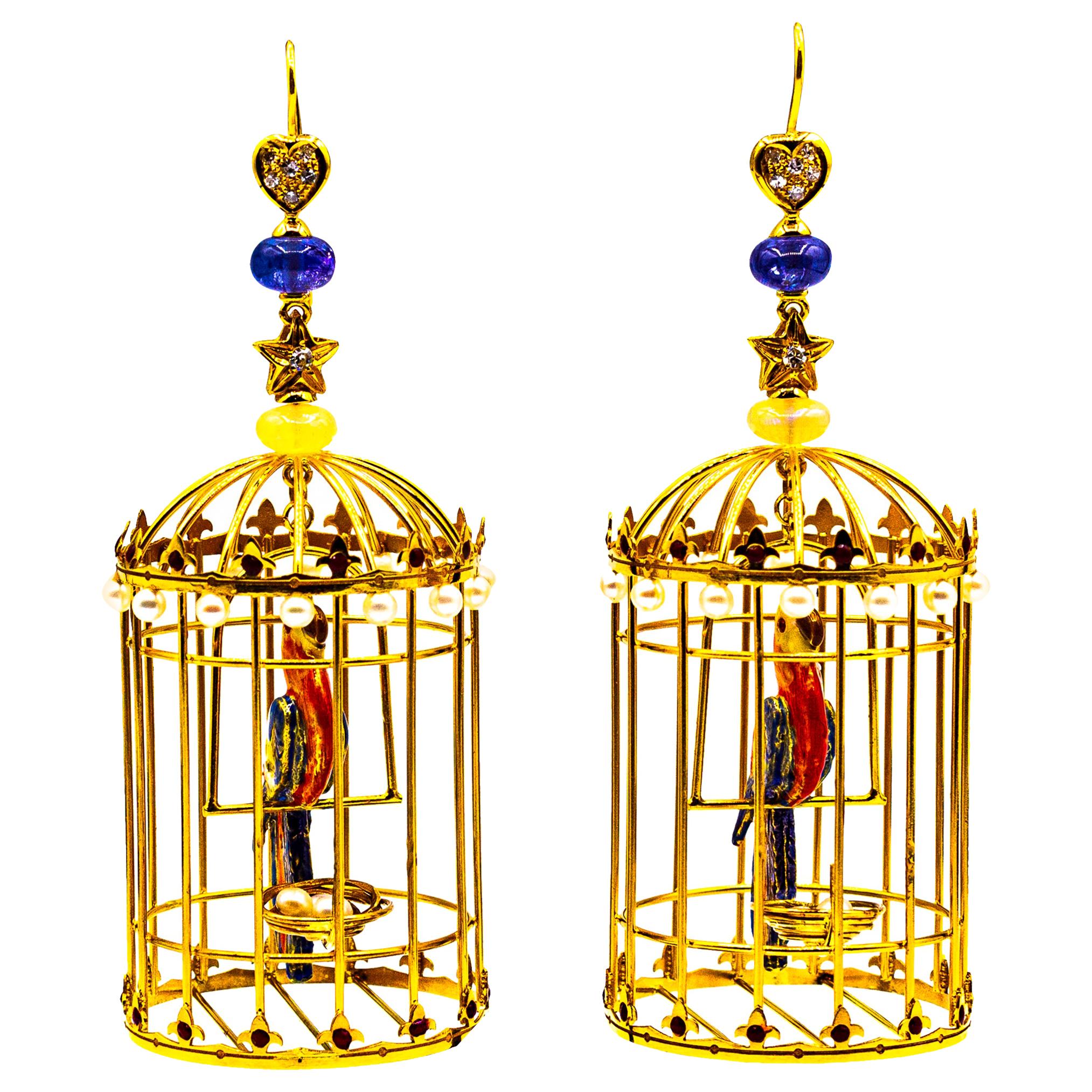 Orecchini "Birdcage" in oro giallo con diamante bianco, perla, tanzanite, opale e smalto