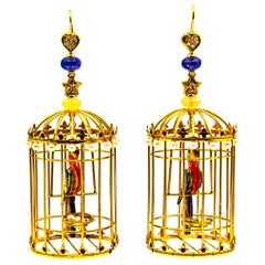 White Diamond Pearl Tanzanite Opal Enamel Yellow Gold Drop "Birdcage" Earrings