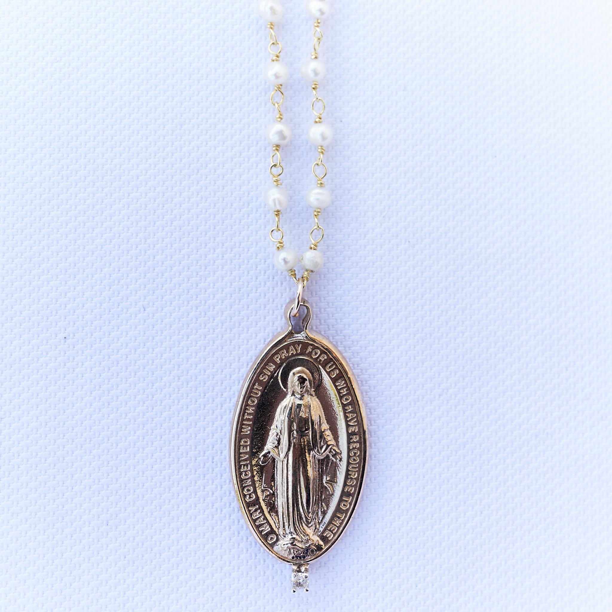 Victorian White Diamond Pearl Virgin Mary Medal Beaded Chain Necklace J Dauphin For Sale