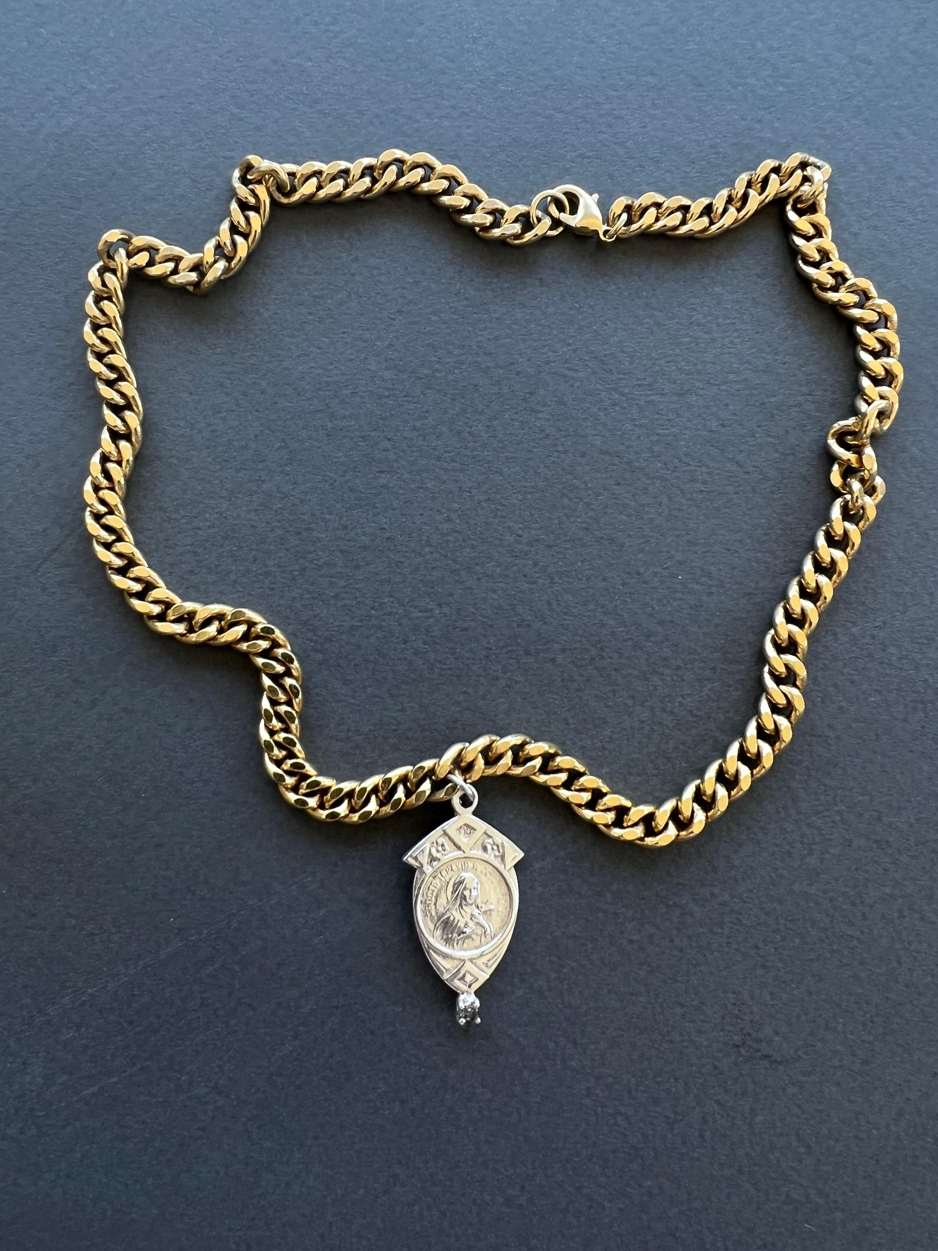 Women's or Men's White Diamond Pendant Virgin Mary Sterling Silver Chain Choker Necklace For Sale