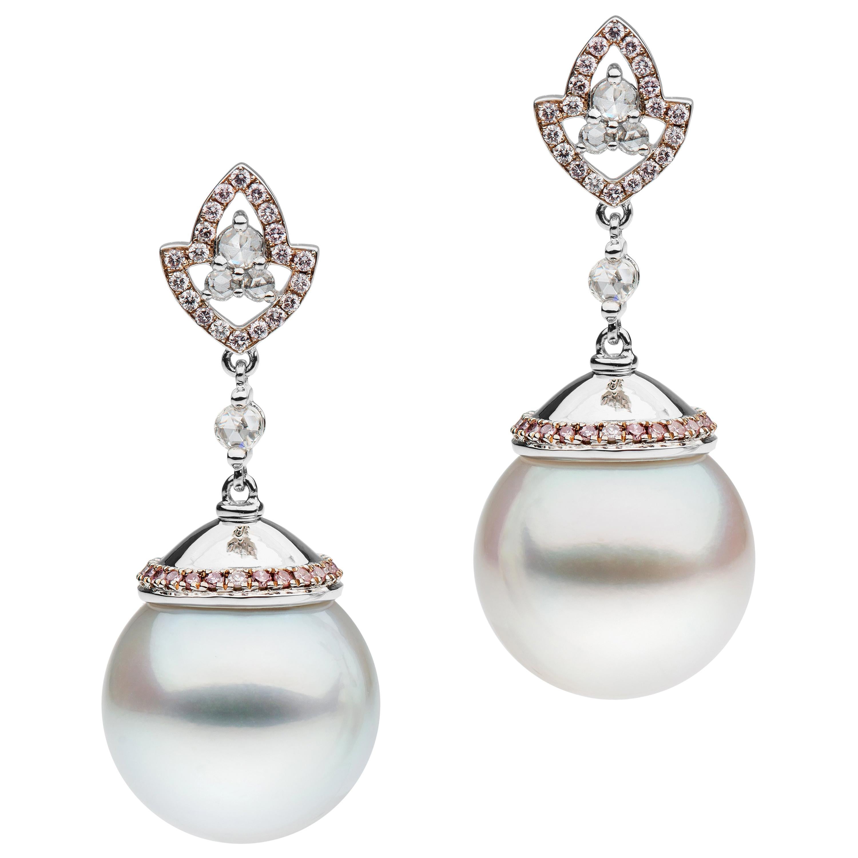 Autore White Pink Diamond South Sea Pearl Earrings For Sale