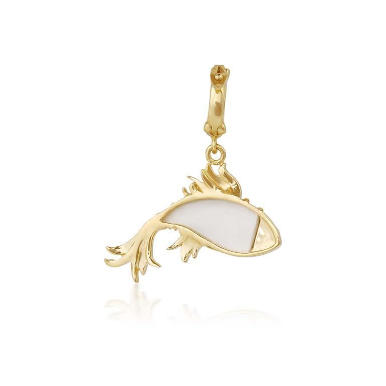 Pisces horoscope pendant crafted in 18k gold, white enamel and white diamonds.

The colour of the enamel is customisable and the diamond encrusted bezel opens to allow you to securely hook it to any chains.

- 18k rose, yellow or white gold
- 0.11