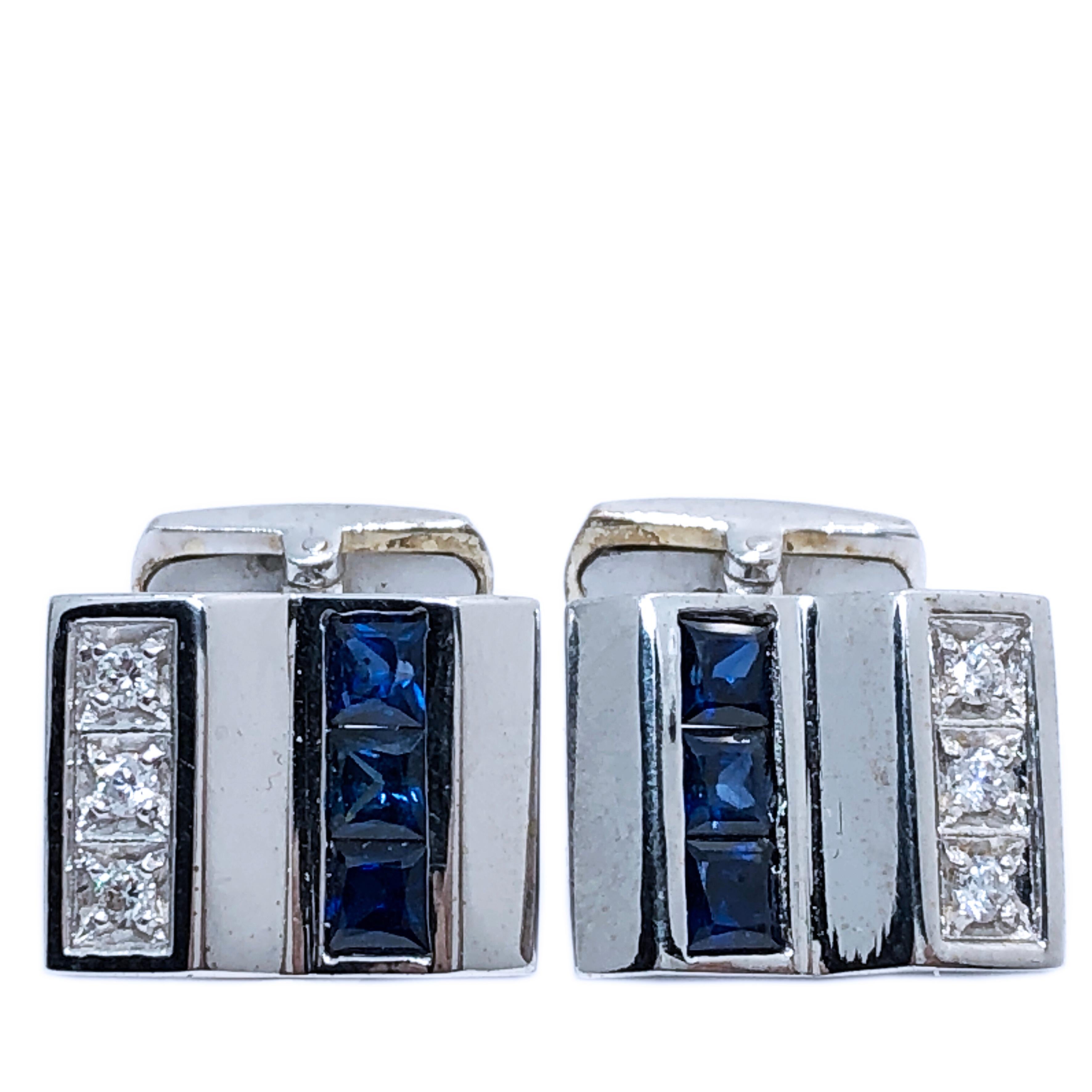 Smart, Chic and Timeless Cufflinks featuring 1.88 Carat Princess Cut Blue Sapphire 0.34 Carat White Diamond 0.37 Troy Ounces White Gold Setting, T-Bar Back