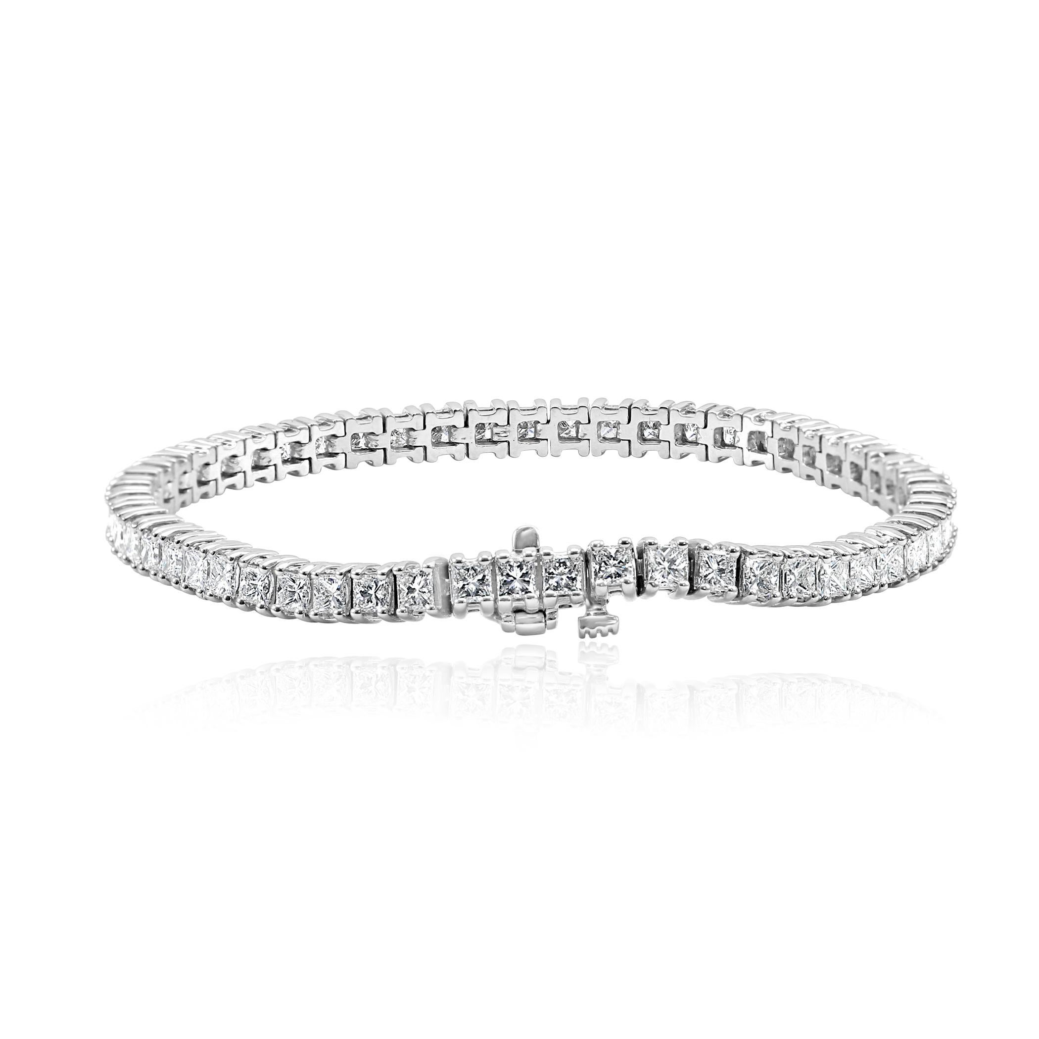 Gorgeous White 56 G-H Color VS-SI clarity Princess Cut 6.90 Carat Total Weight Set in 14K White Gold Straight line always in style Tennis Bracelet. Perfect for all occasions and everyday wear.

MADE IN USA
Style available in different price ranges,