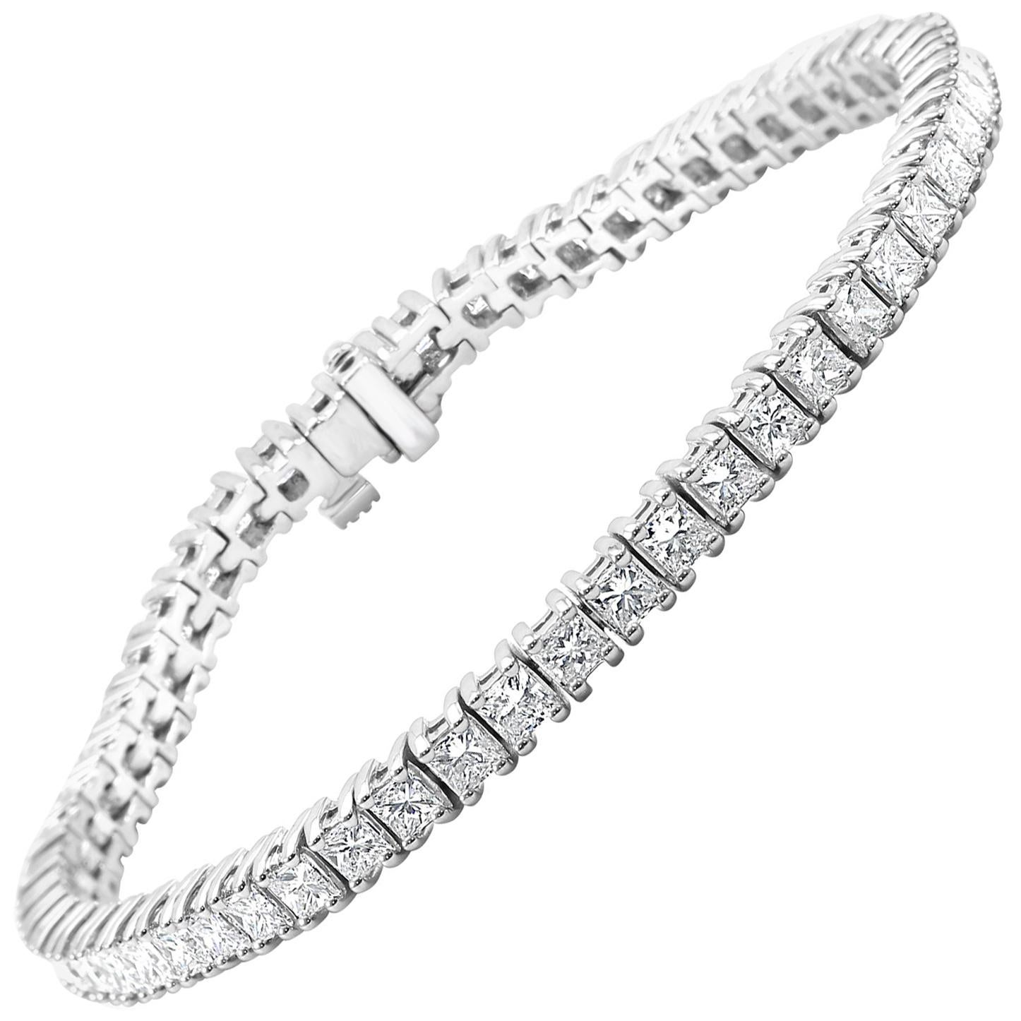 White Diamond Princess Cut 6.90 Carat Total Weight White Gold Tennis Bracelet