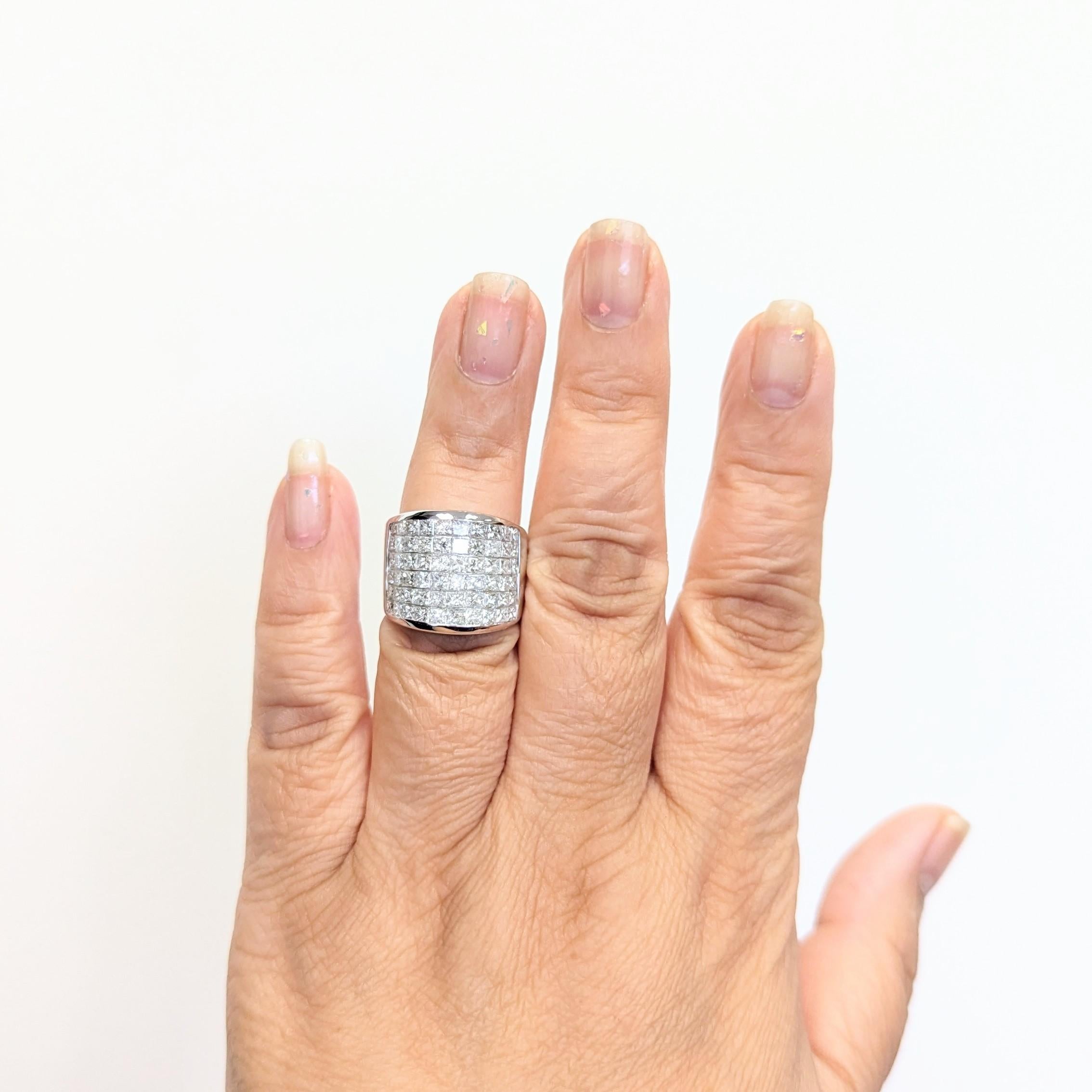 Beautiful multi row 5.00 ct. white diamond princess cuts.  Handmade in 18k white gold.  Ring size 6.75.