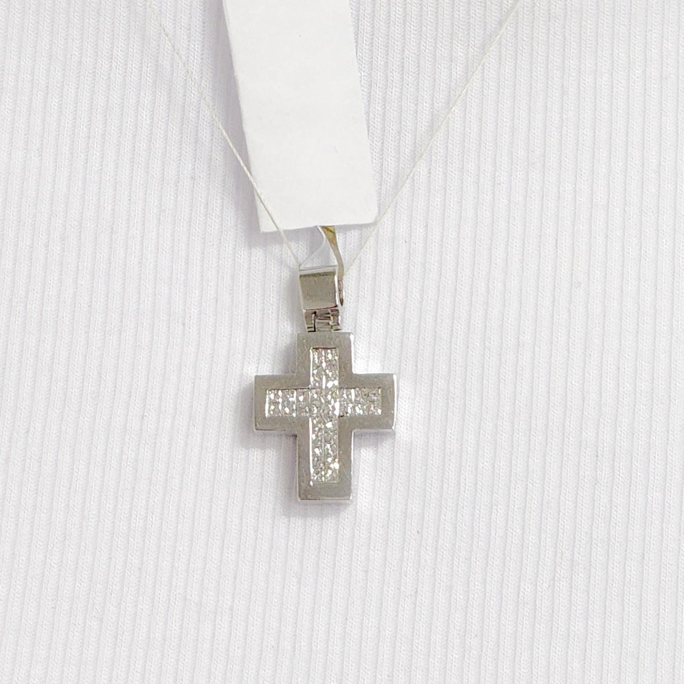 White Diamond Princess Cut Cross Pendant in 14k White Gold For Sale 1