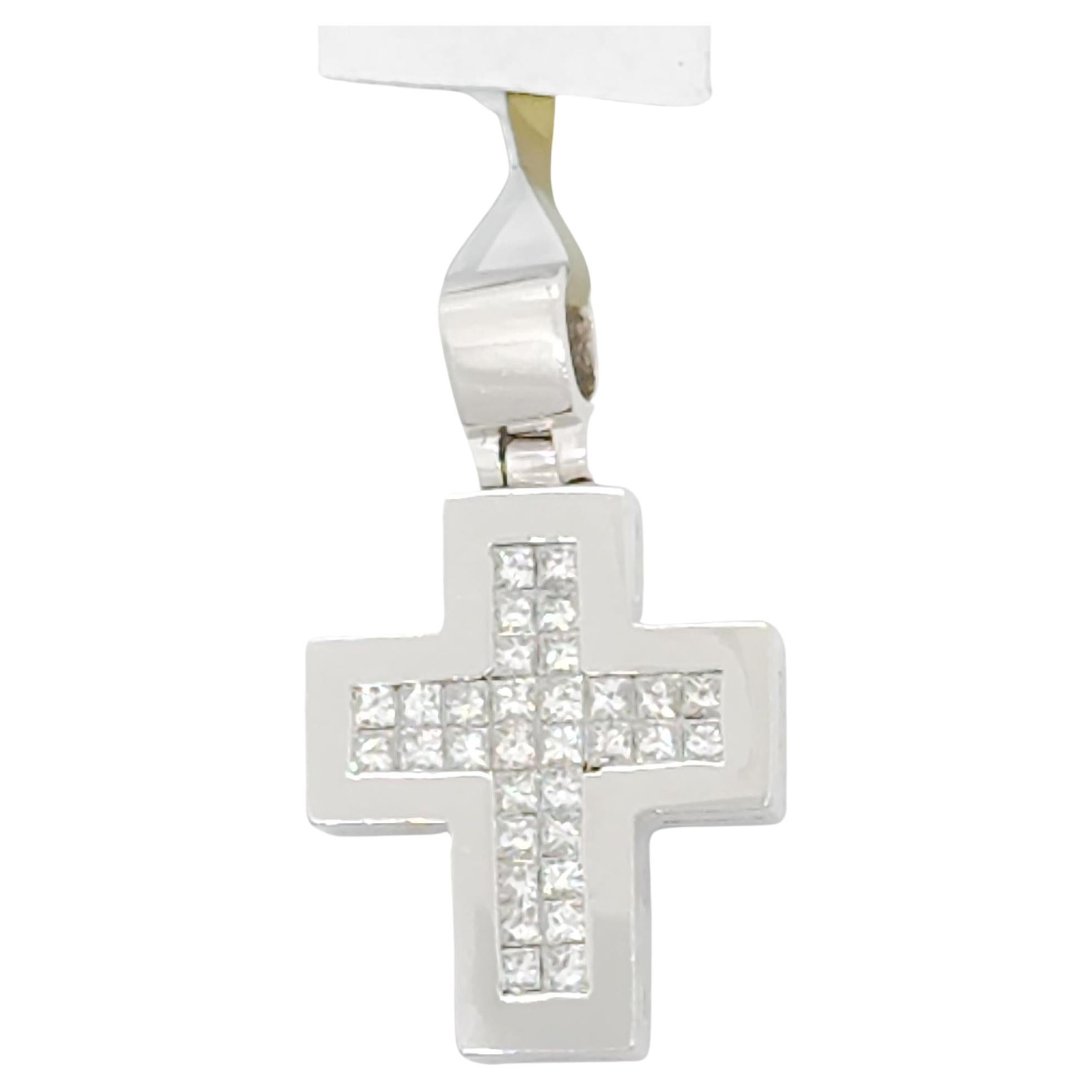 White Diamond Princess Cut Cross Pendant in 14k White Gold For Sale