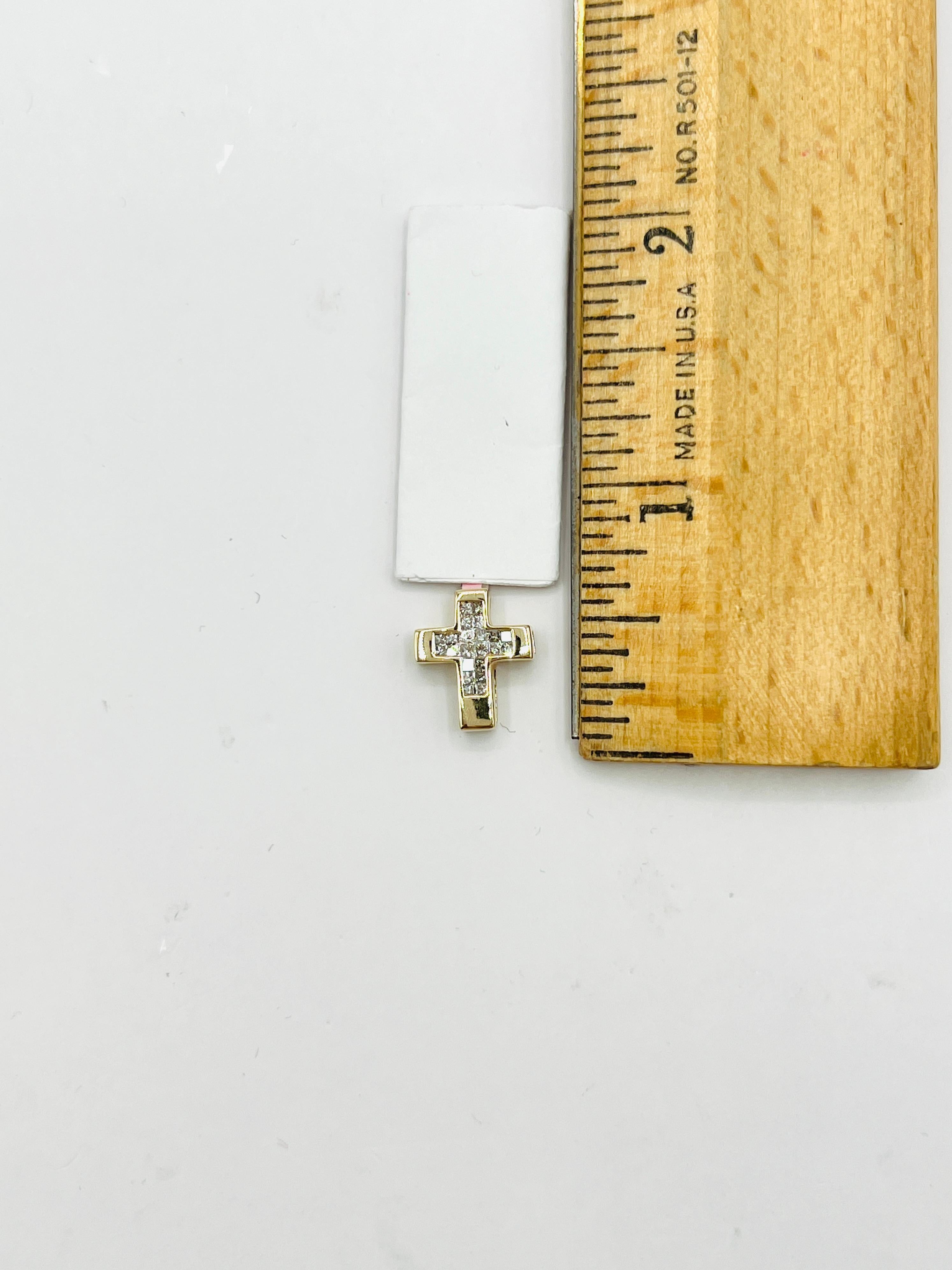 White Diamond Princess Cut Cross Pendant in 14K Yellow Gold For Sale 2