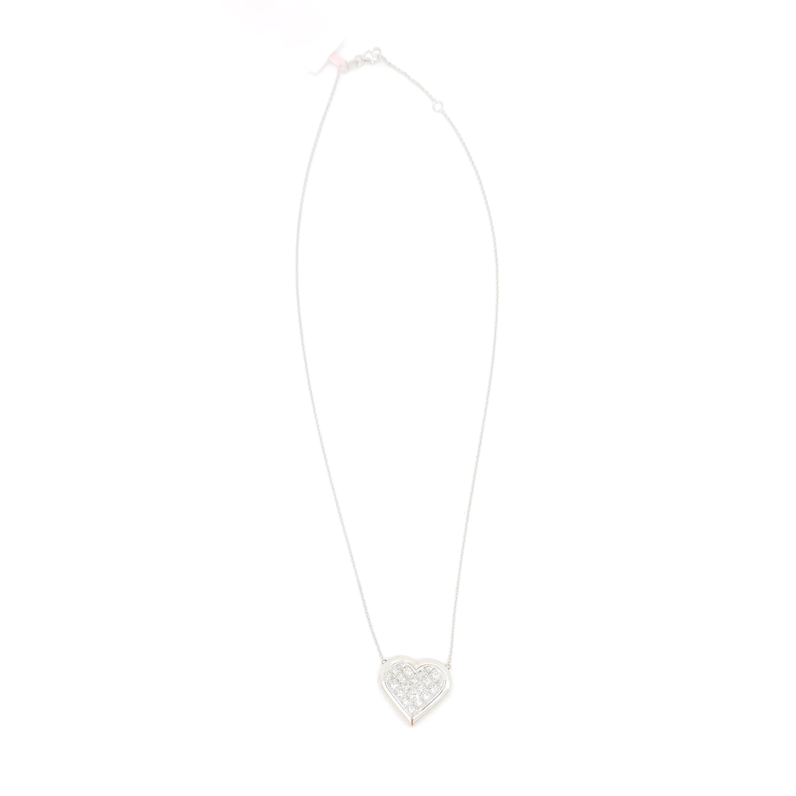 Women's or Men's White Diamond Princess Cut Heart Pendant Necklace in 18k For Sale