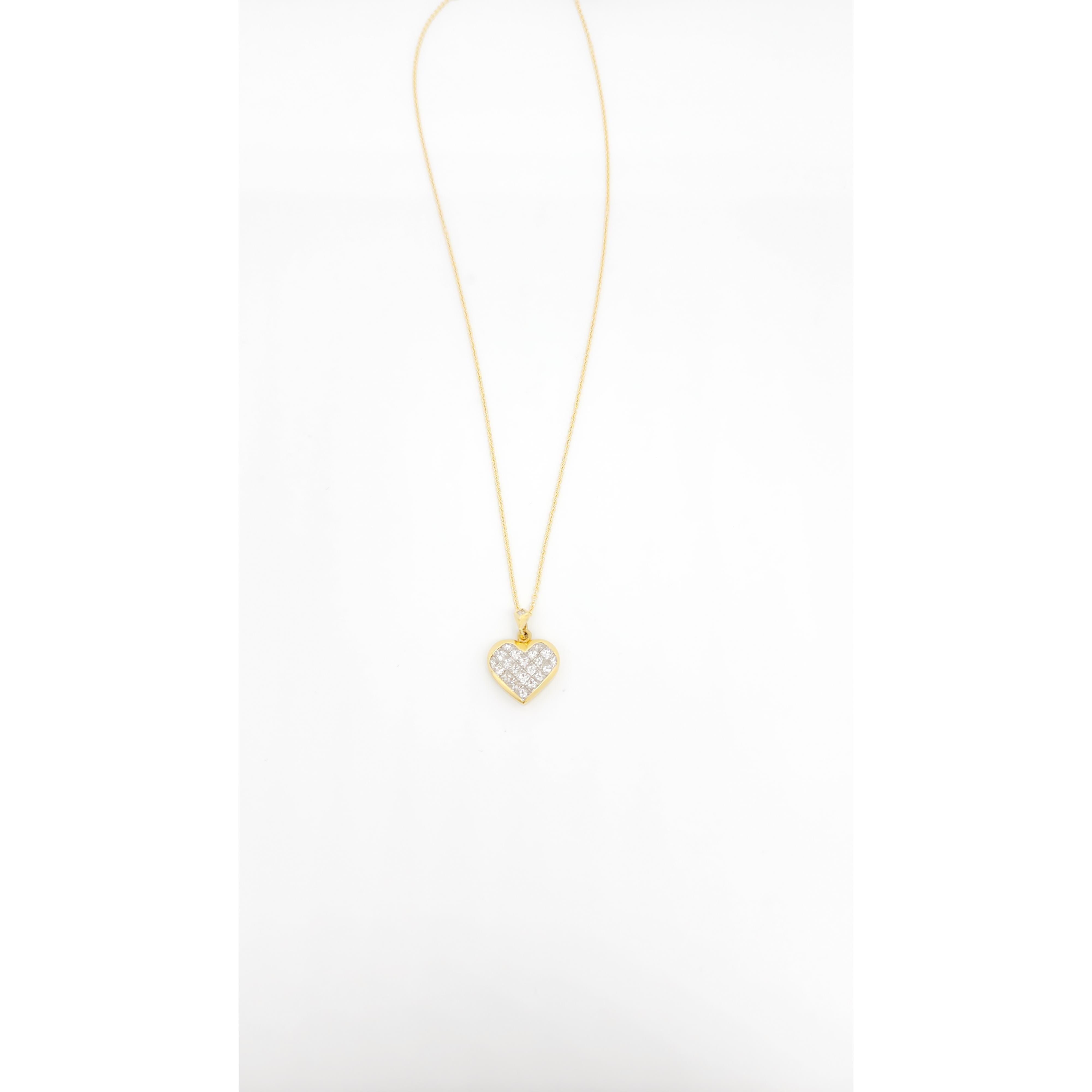 Women's or Men's White Diamond Princess Cut Heart Pendant Necklace in 18k