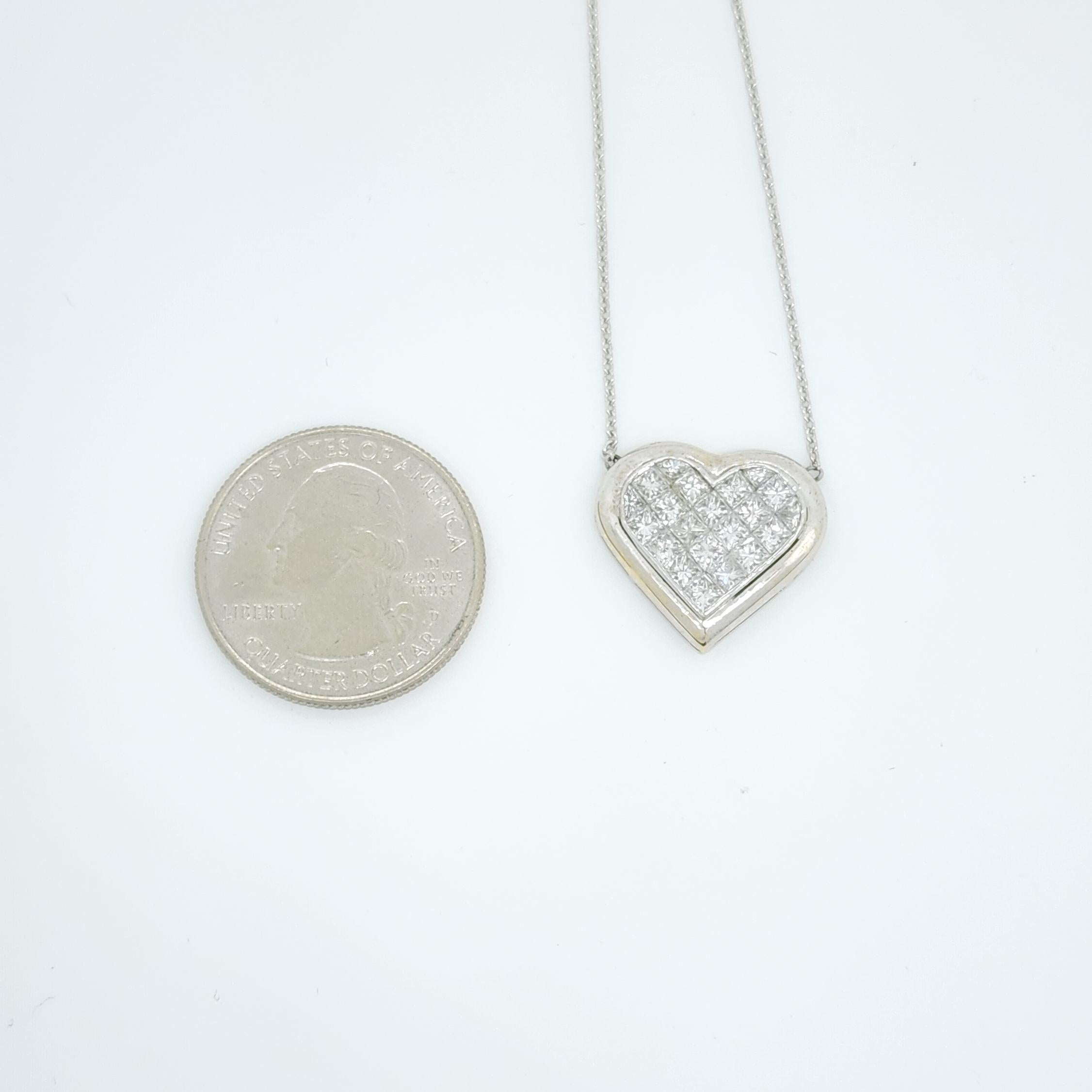 White Diamond Princess Cut Heart Pendant Necklace in 18k For Sale 1
