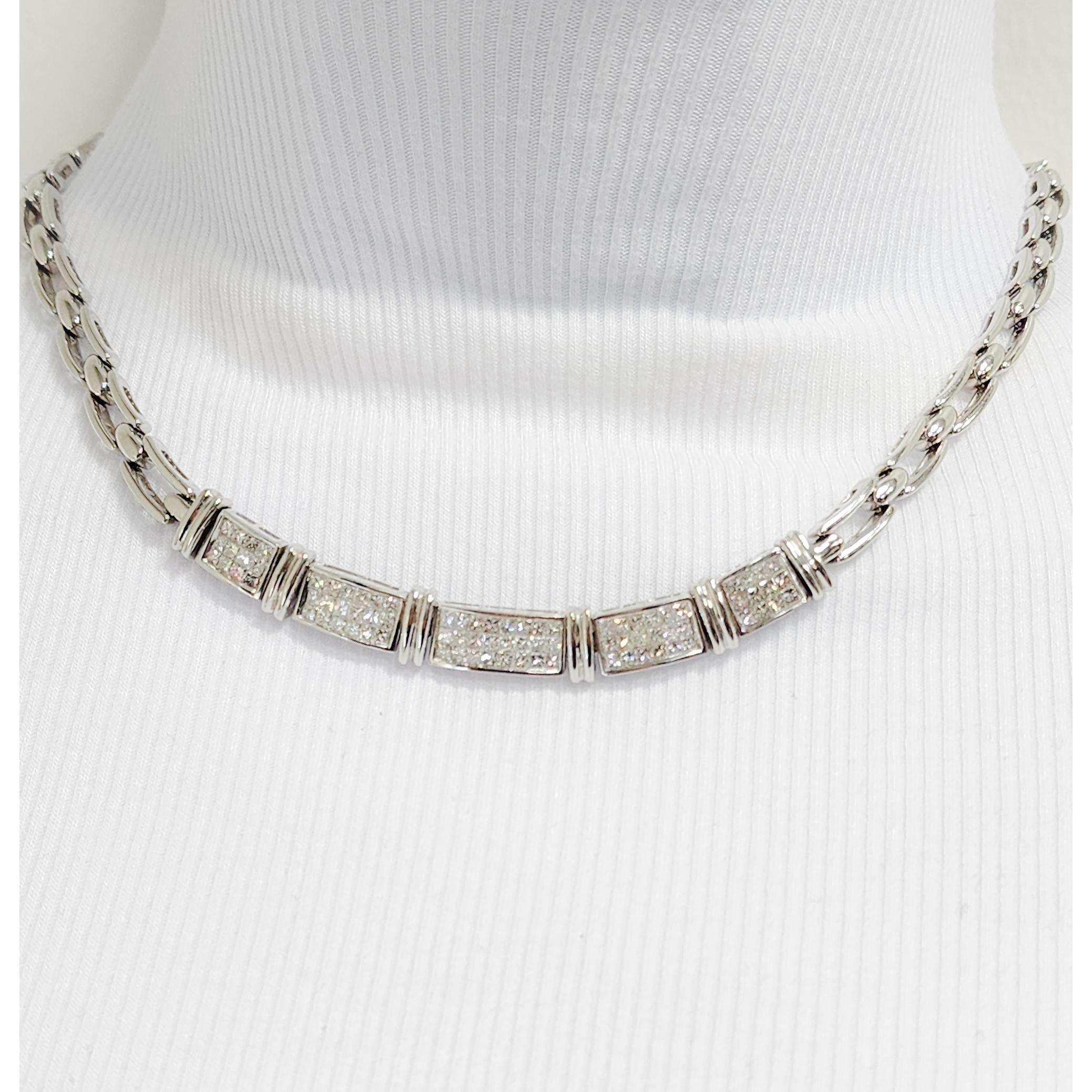 Beautiful 3.35 ct. good quality, white, and bright diamond princess cuts in a fun design.  Handmade in 18k white gold.  Length is 16.25