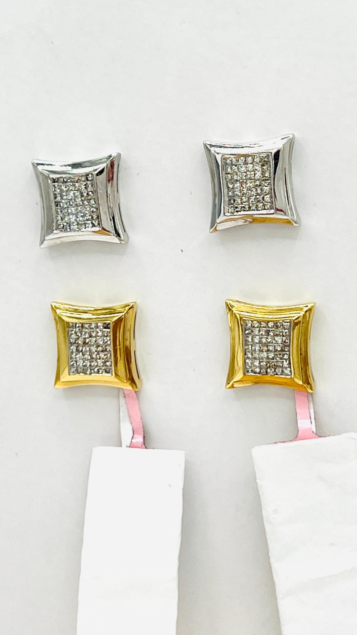 Boucles d'oreilles en or jaune 14 carats diamant blanc taille princesse en vente 1