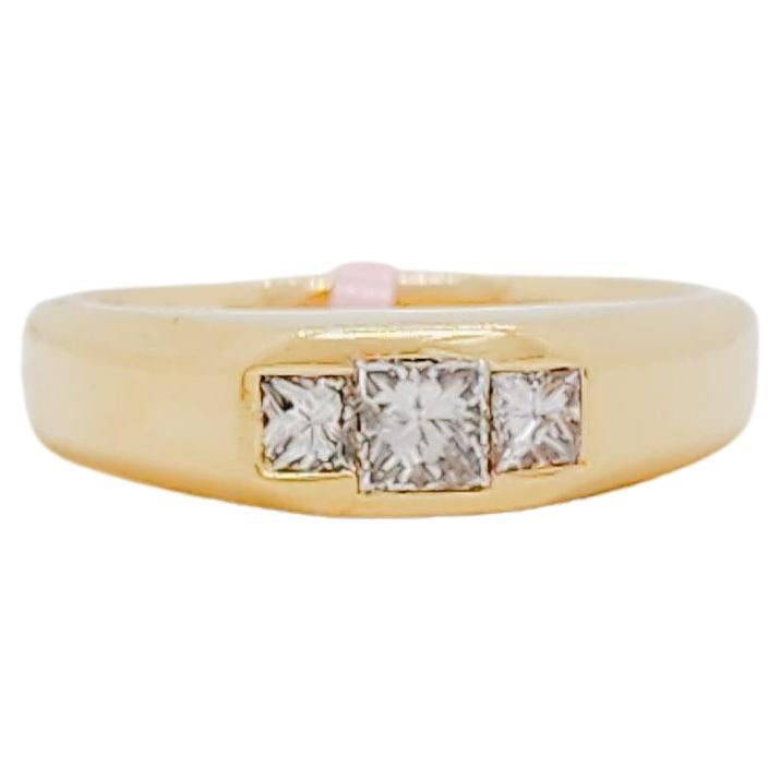 White Diamond Princess Cut Three Stone Band Ring in 14k Yellow Gold For Sale