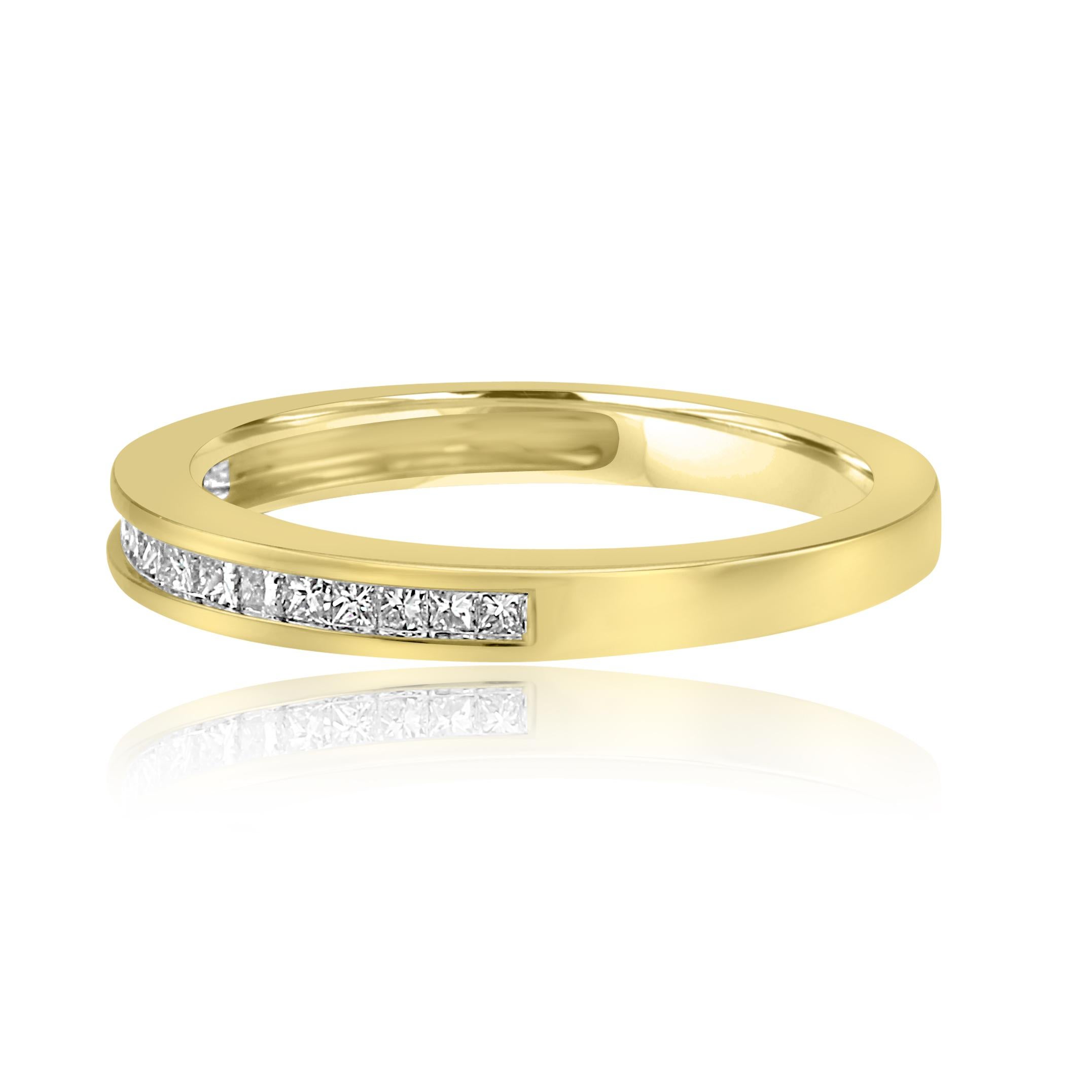 Modern White Diamond Princess Cut Yellow Gold Channel Set Fashion Wedding Band Ring