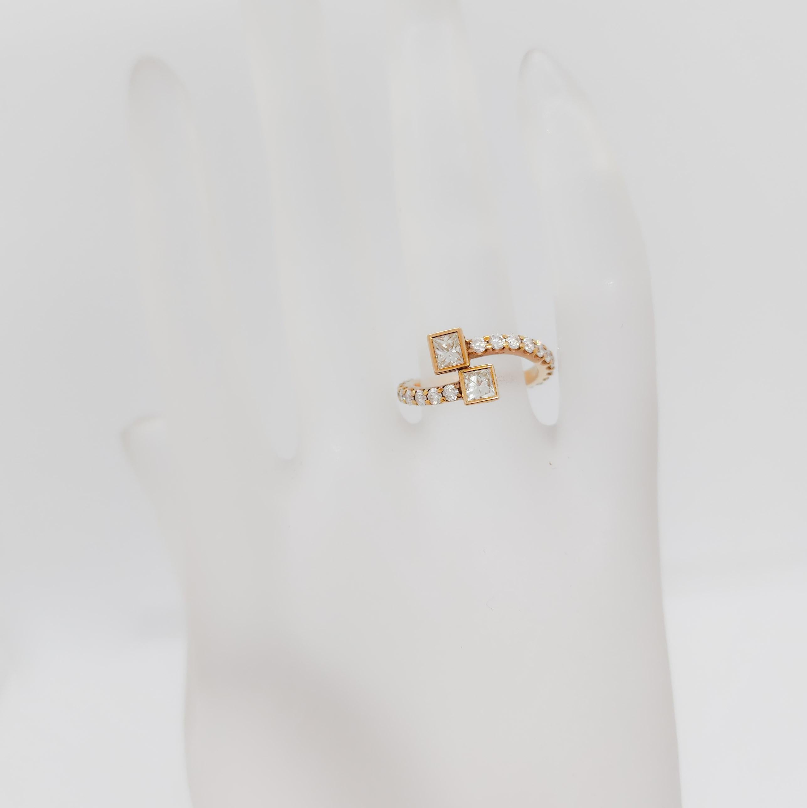 Women's or Men's White Diamond Princess Cuts and Rounds Bypass Ring in 18k Rose Gold For Sale