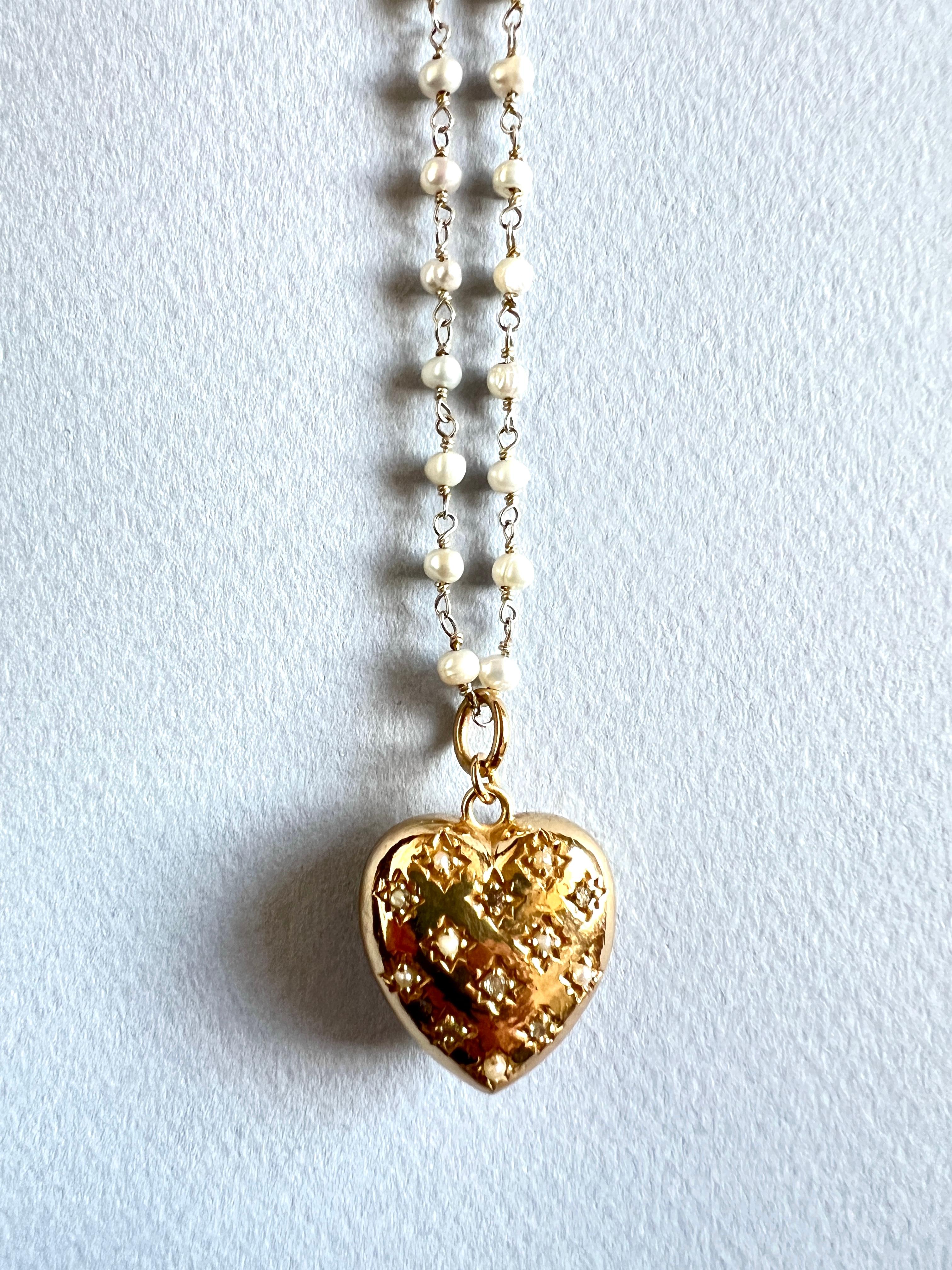 White Diamond Puffy Heart Necklace White Pearl Victorian Style For Sale 7