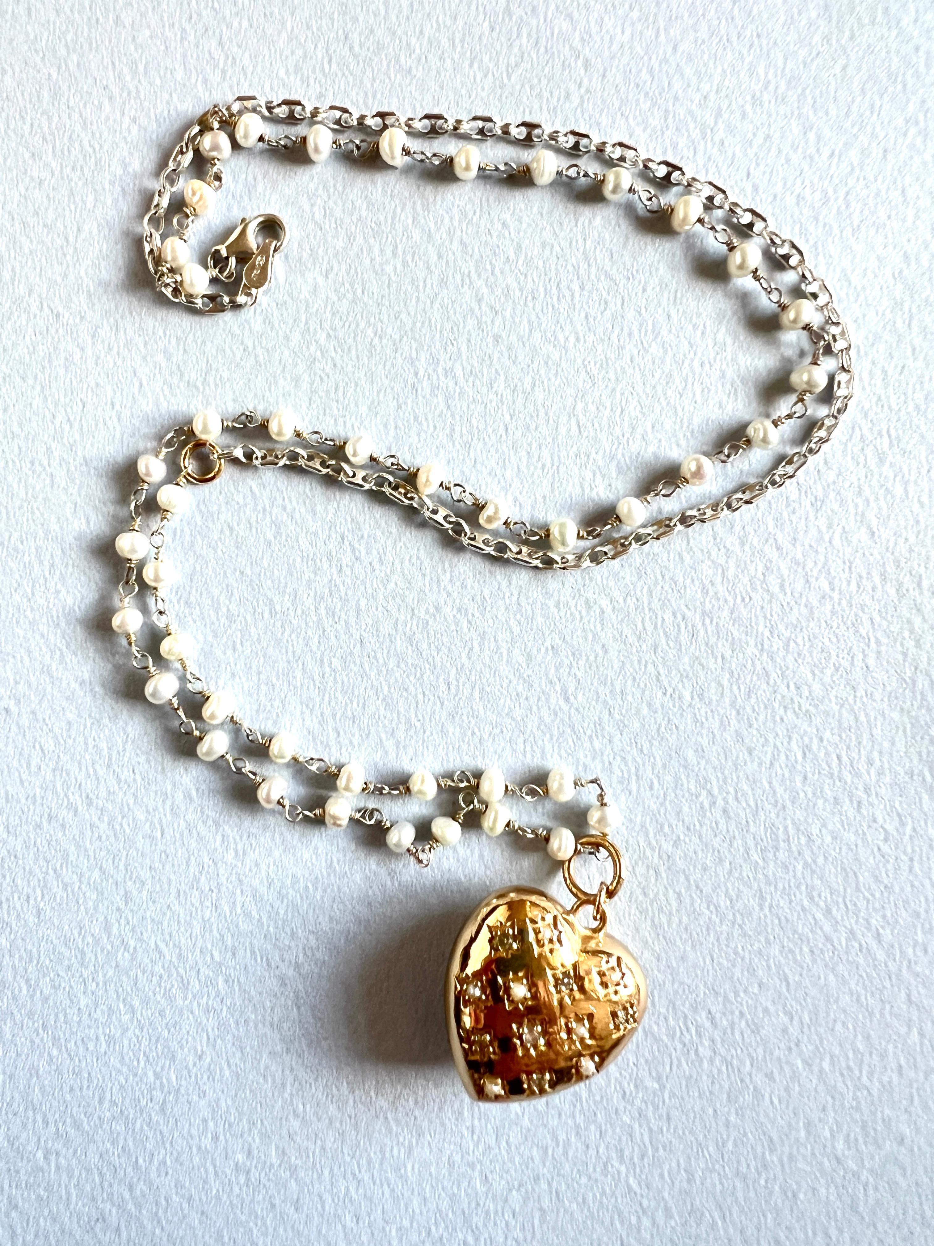White Diamond Puffy Heart Necklace White Pearl Victorian Style For Sale 8