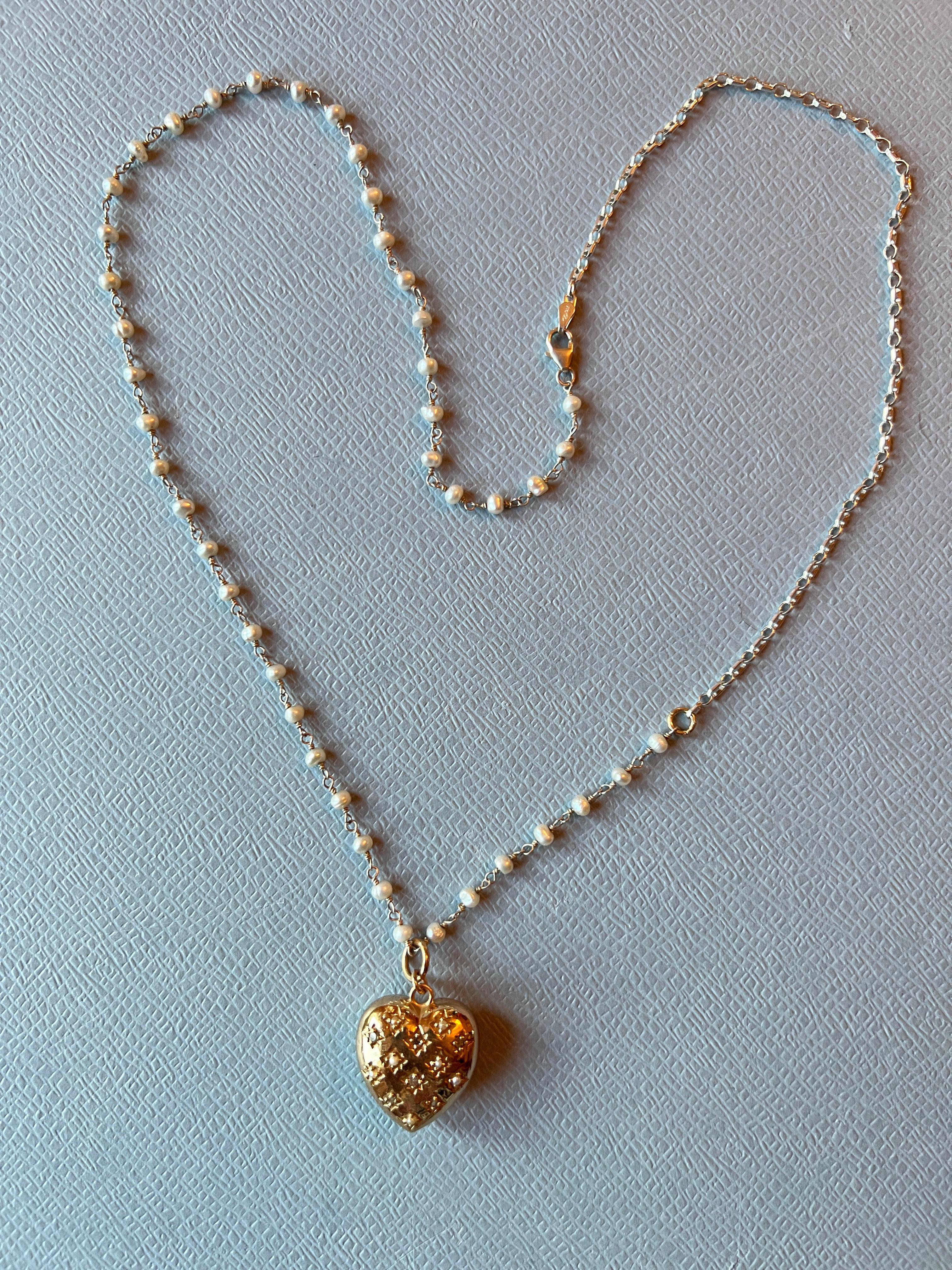 Brilliant Cut White Diamond Puffy Heart Necklace White Pearl Victorian Style For Sale
